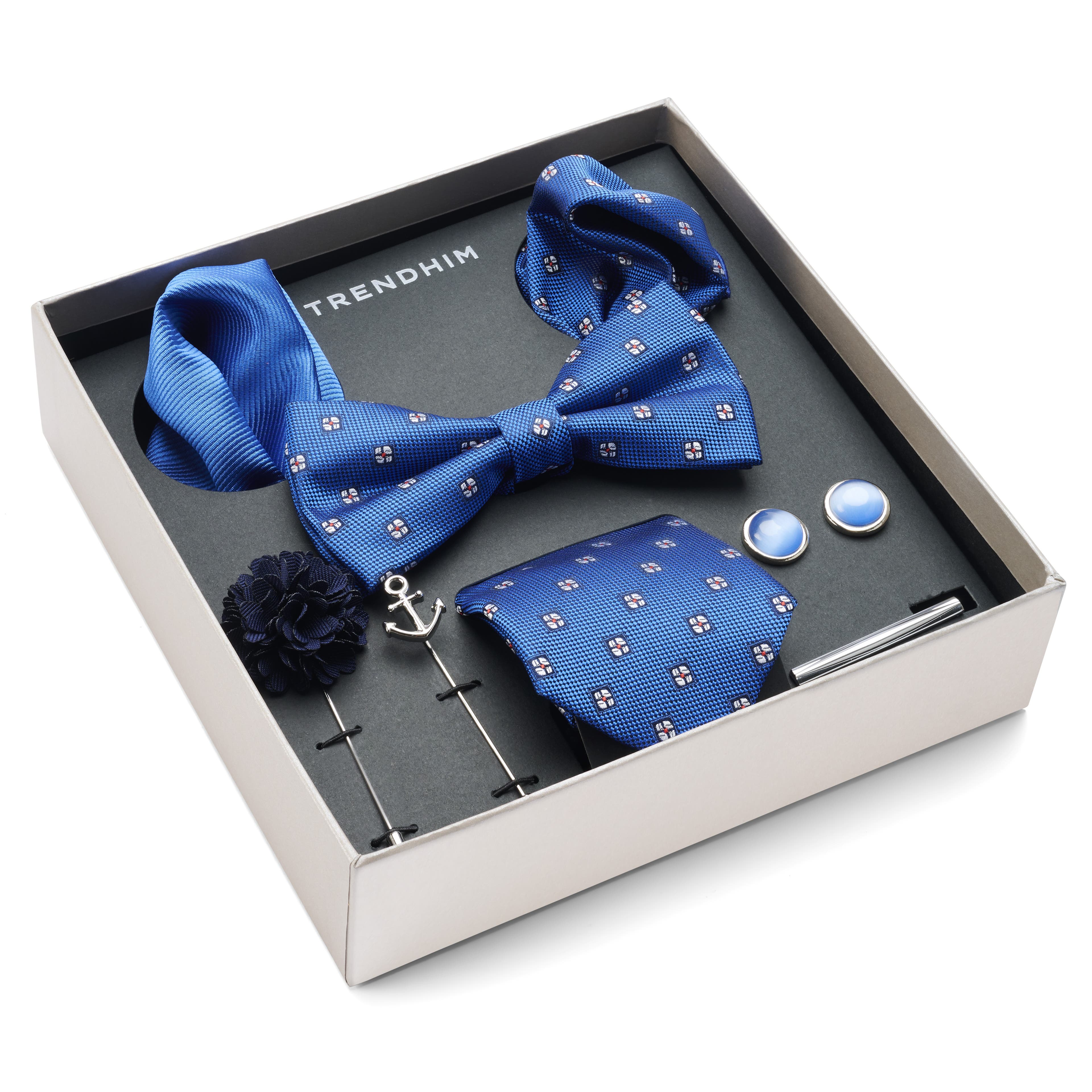 Anzug Accessoire Geschenkbox | Blau, Weiss & Silber-Ton Set