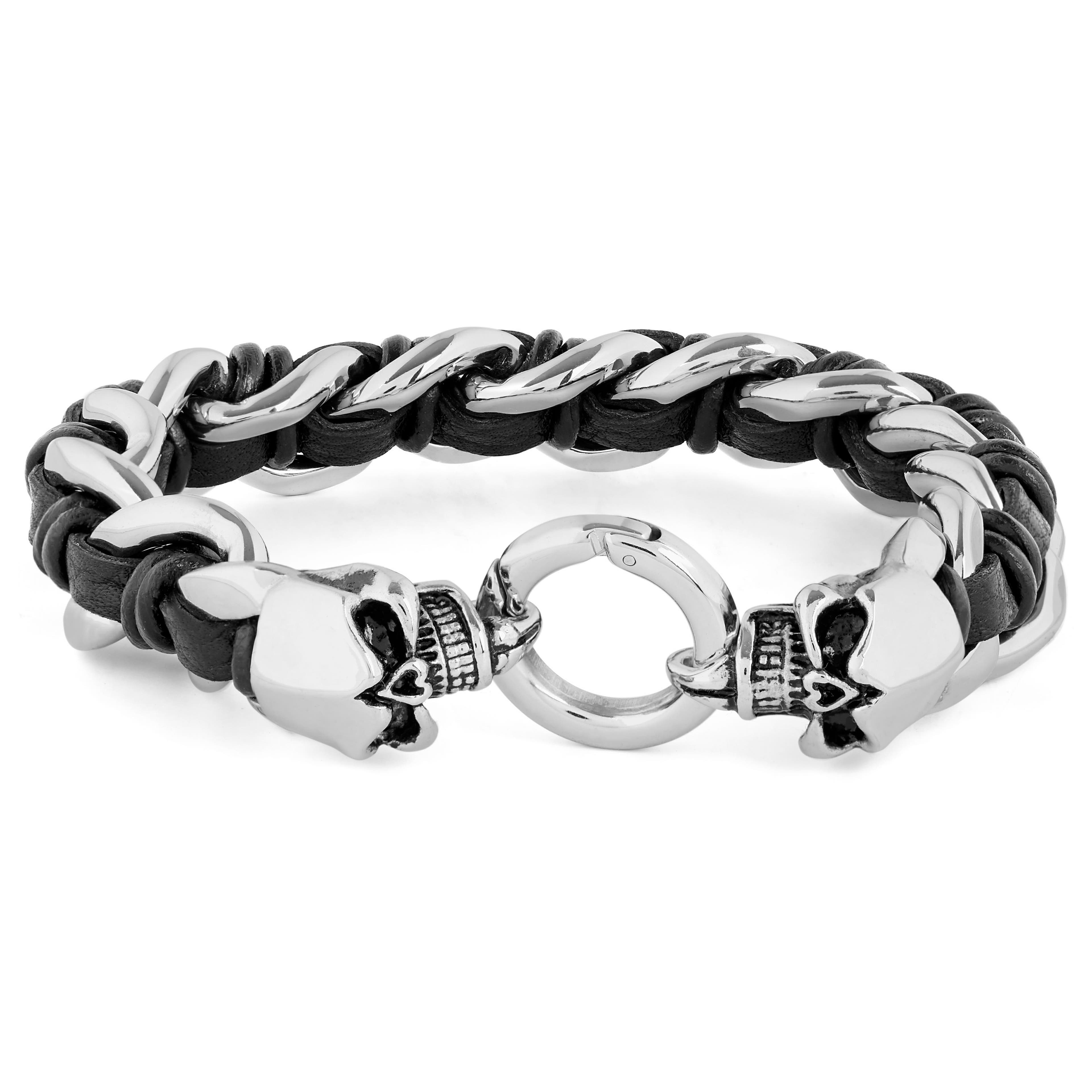 Hammered Silver Chain and Black Leather Bracelet Men - Think-Positive