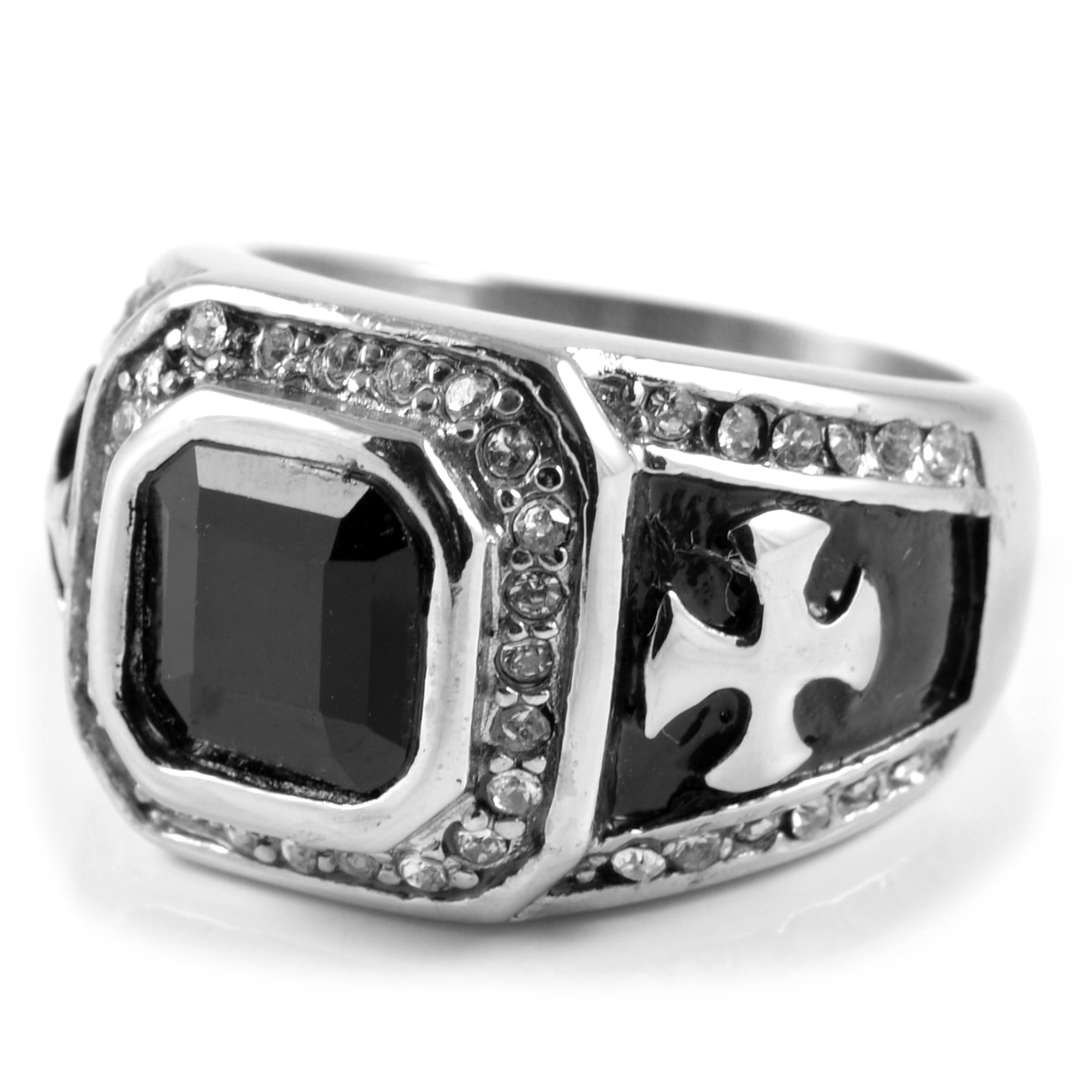 Sentio | Čierny pečatný prsteň so zirkónom a krížom z nehrdzavejúcej ocele