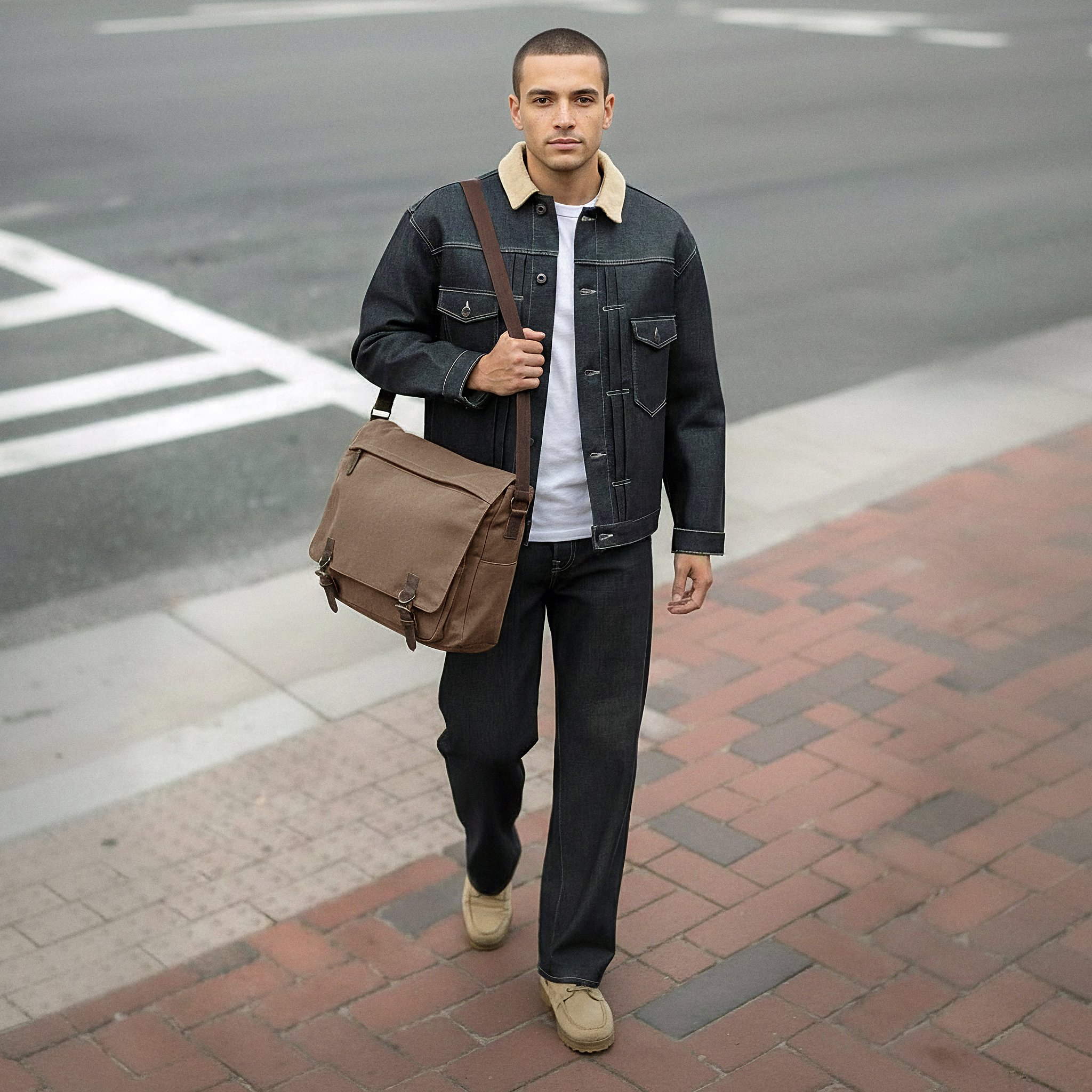 Карамеленокафява брезентова куриерска чанта - 4