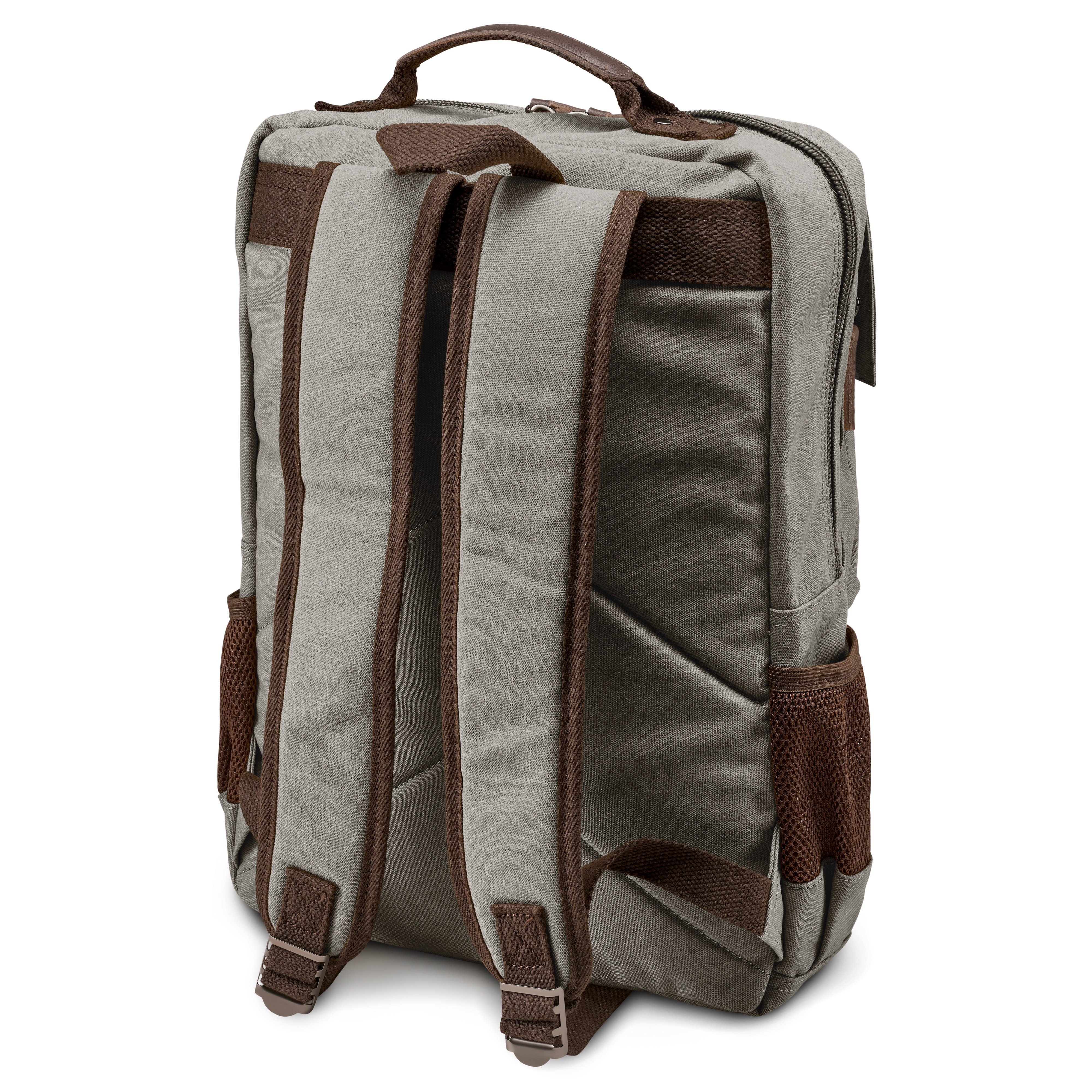 Metallic Grey Canvas & Brown Leather Compact Backpack - 4