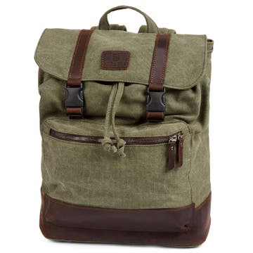 Tarpa | Olive Green Canvas & Dark Brown Leather Backpack