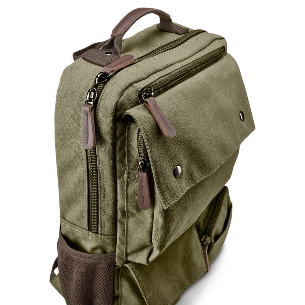 hover: Army Green Canvas & Brown Leather Compact Backpack hover: Army Green Canvas & Brown Leather Compact Backpack