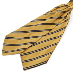 Złoty krawat jedwabny w podwójne ciemnogranatowe paski