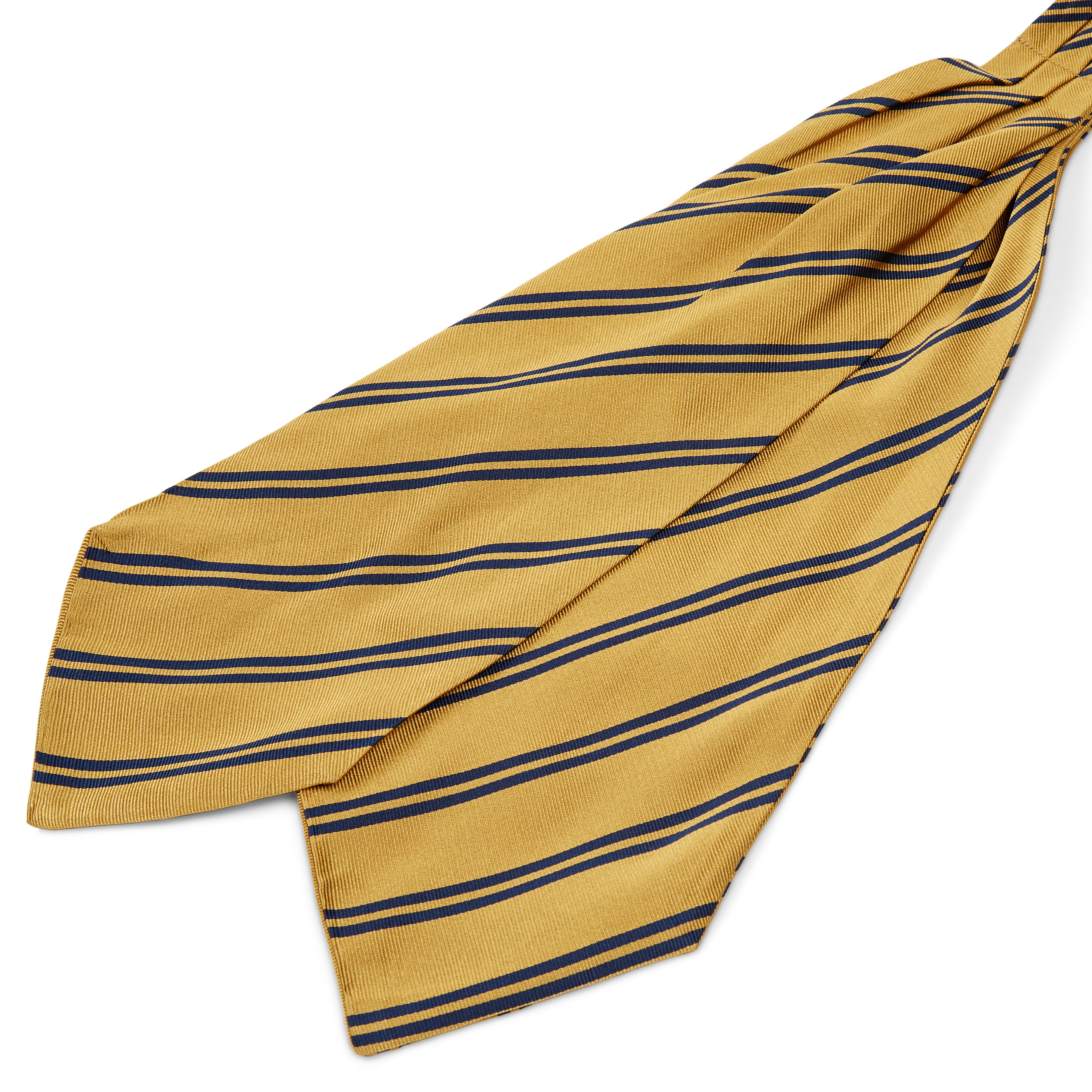 Hodvábny zlatý kravatový šál s tmavomodrými dvojitými pruhmi
