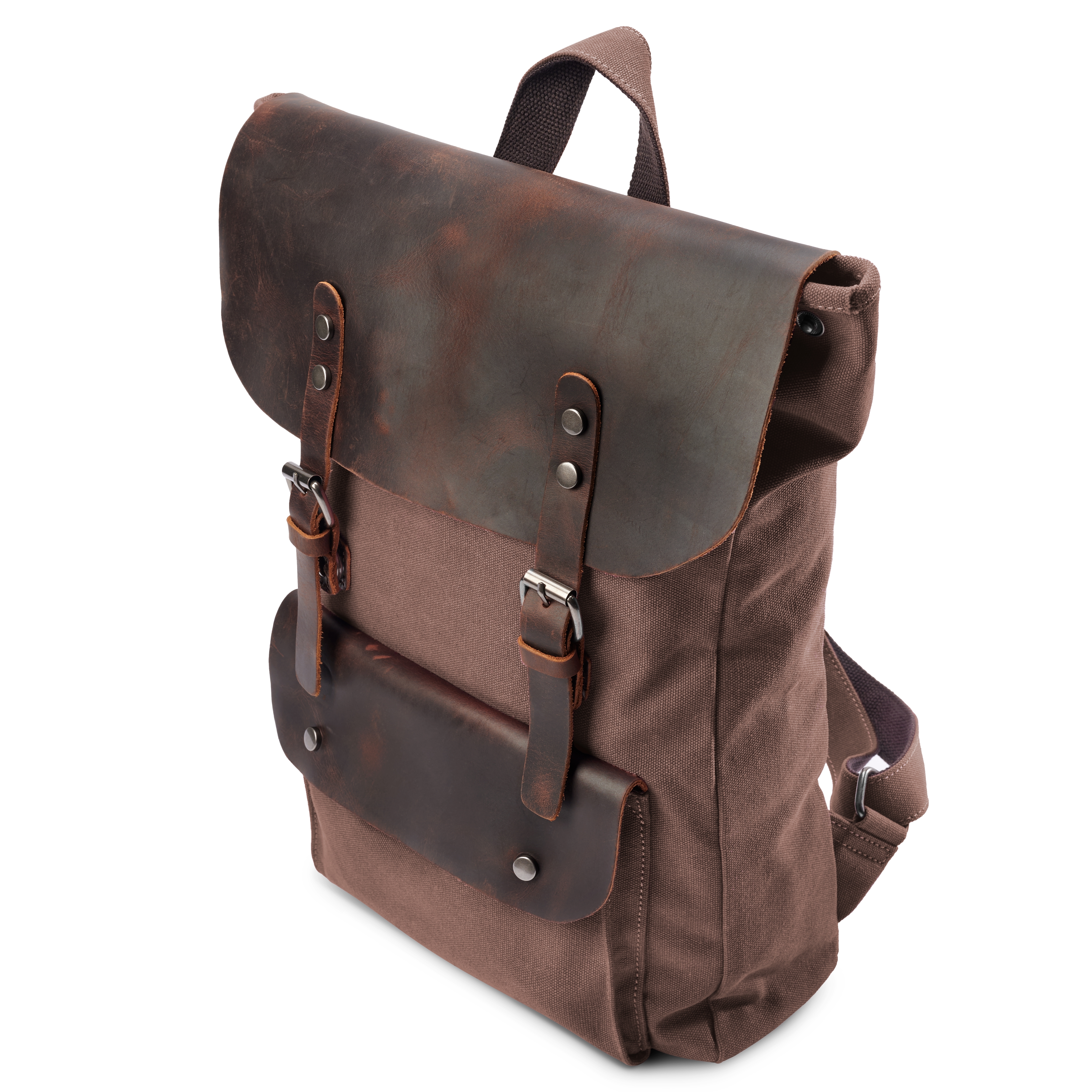 Vintage-Style Light Brown Leather & Canvas Backpack - 3