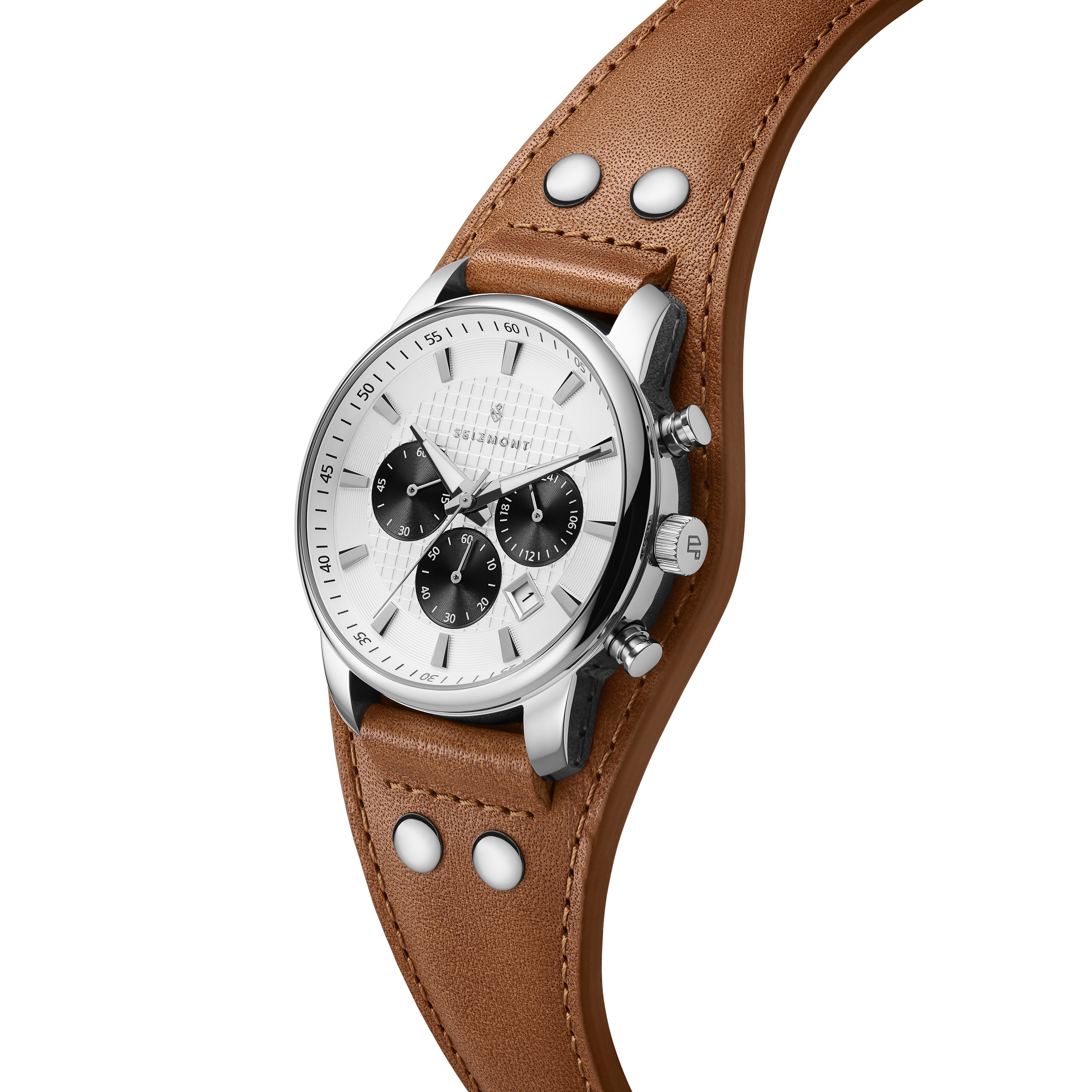 Iphios | Weiße und braune Lederarmbanduhr mit Edelstahl-Chronograph - 3