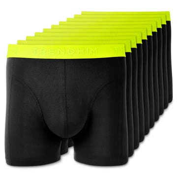 FlexFeel | Paquete de 10 calzoncillos bóxer de algodón negro con cinturilla de color amarillo neón FlexFeel | Paquete de 10 calzoncillos bóxer de algodón negro con cinturilla de color amarillo neón
