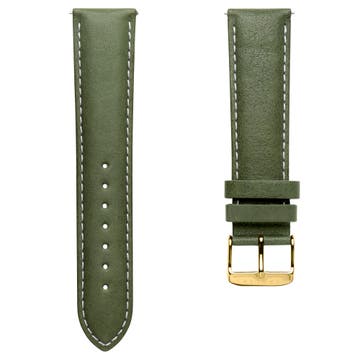 22 mm Green & Gold-Tone Leather Watch Strap With White Stitching