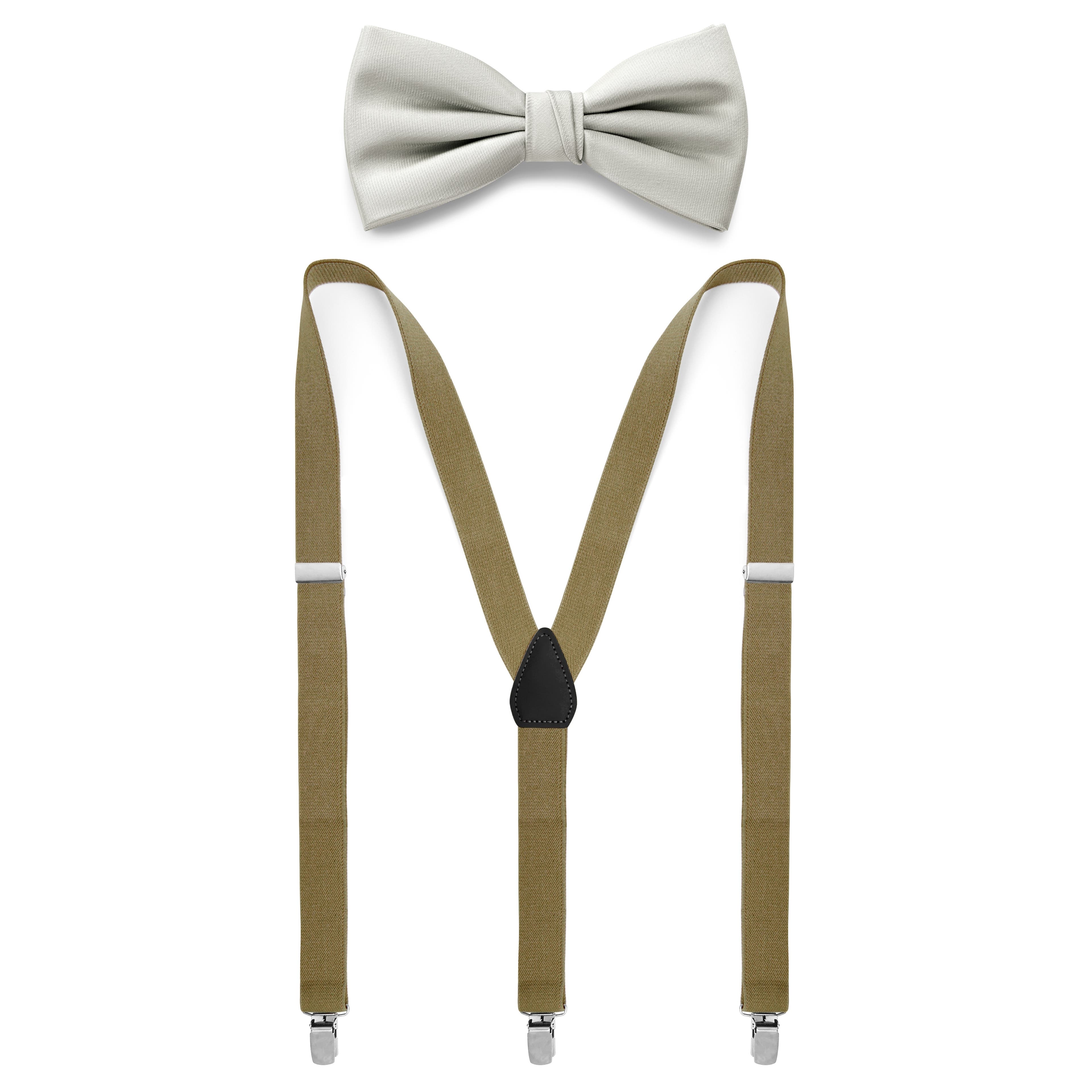 Light Grey Pre-Tied Bow Tie & Olive Green Braces Set