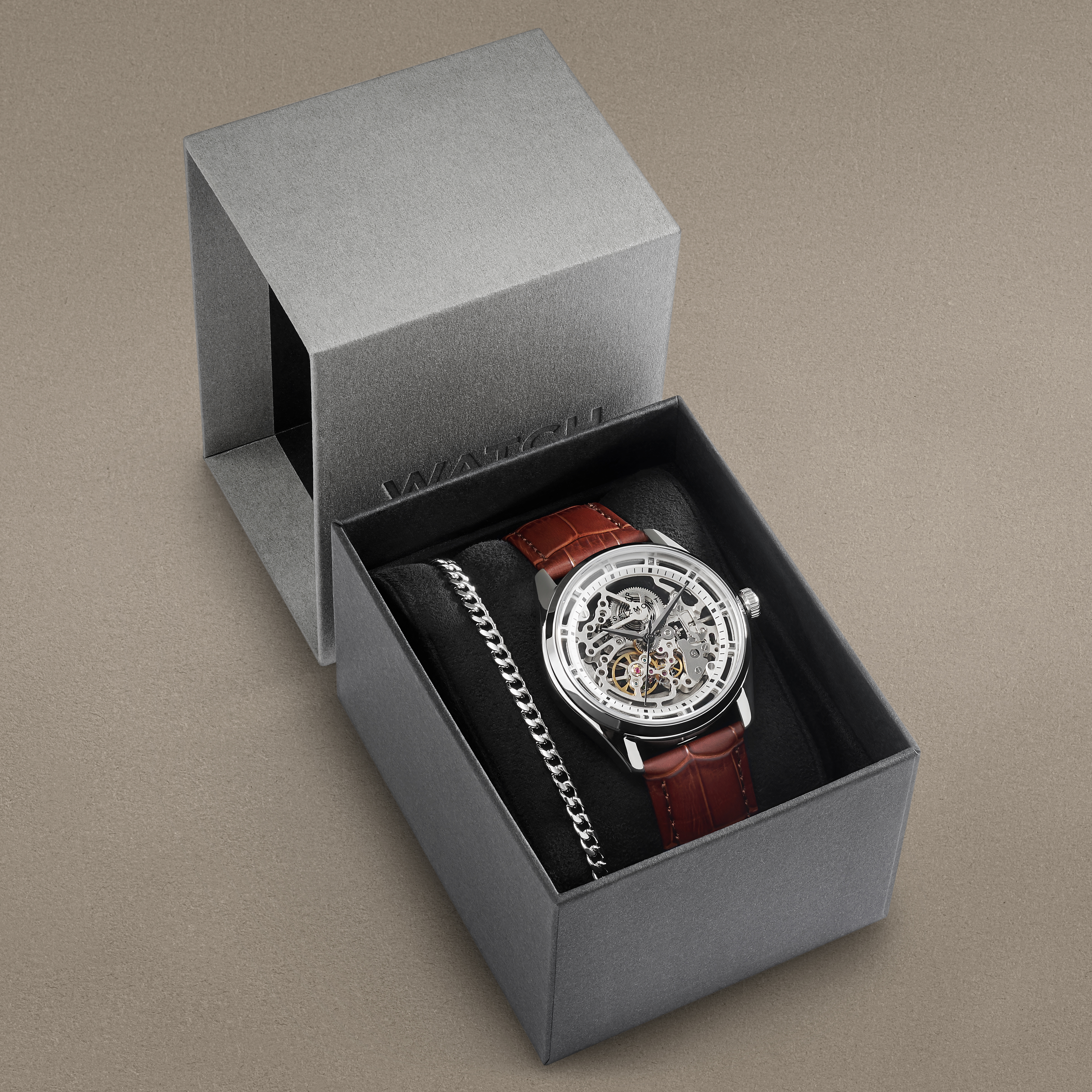 Dárková krabička s průhlednými automatickými hodinkami stříbrné barvy a řetízkovým náramkem z chirurgické oceli - 3
