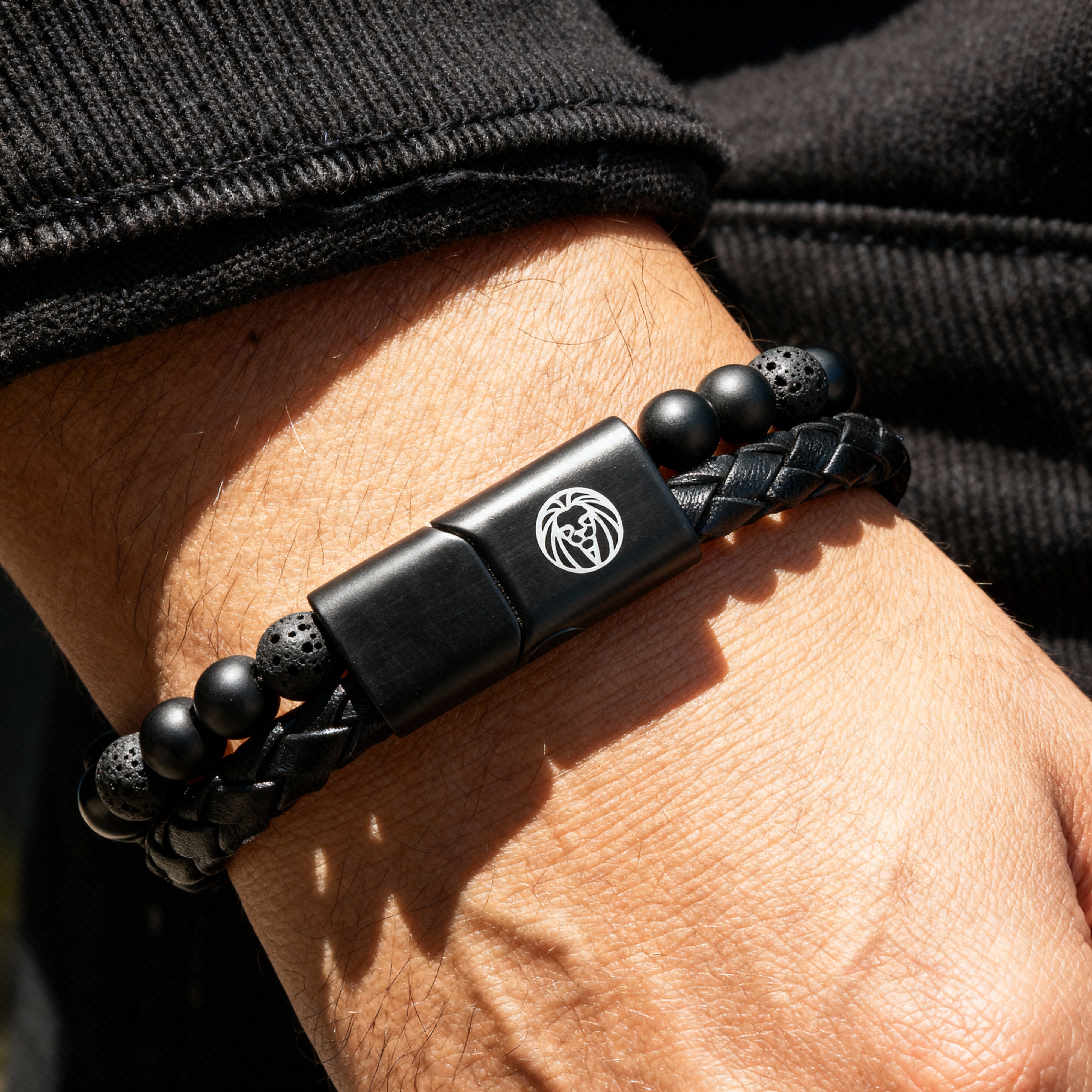 Black Lava Stone & Leather Icon Bracelet  - 4