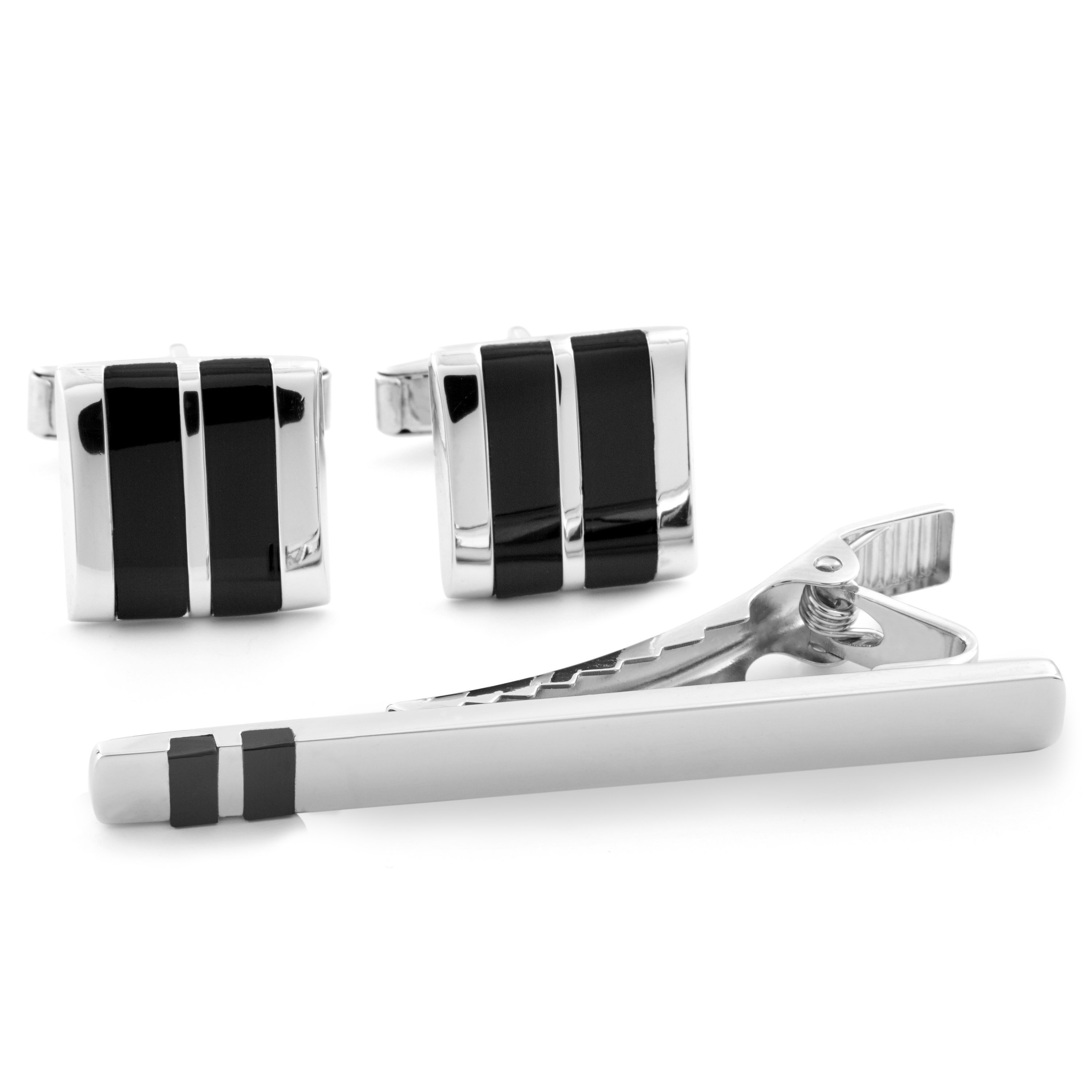 925er Silber Manschettenknöpfe Und Krawattenklammer Set Mit Streifen - 1