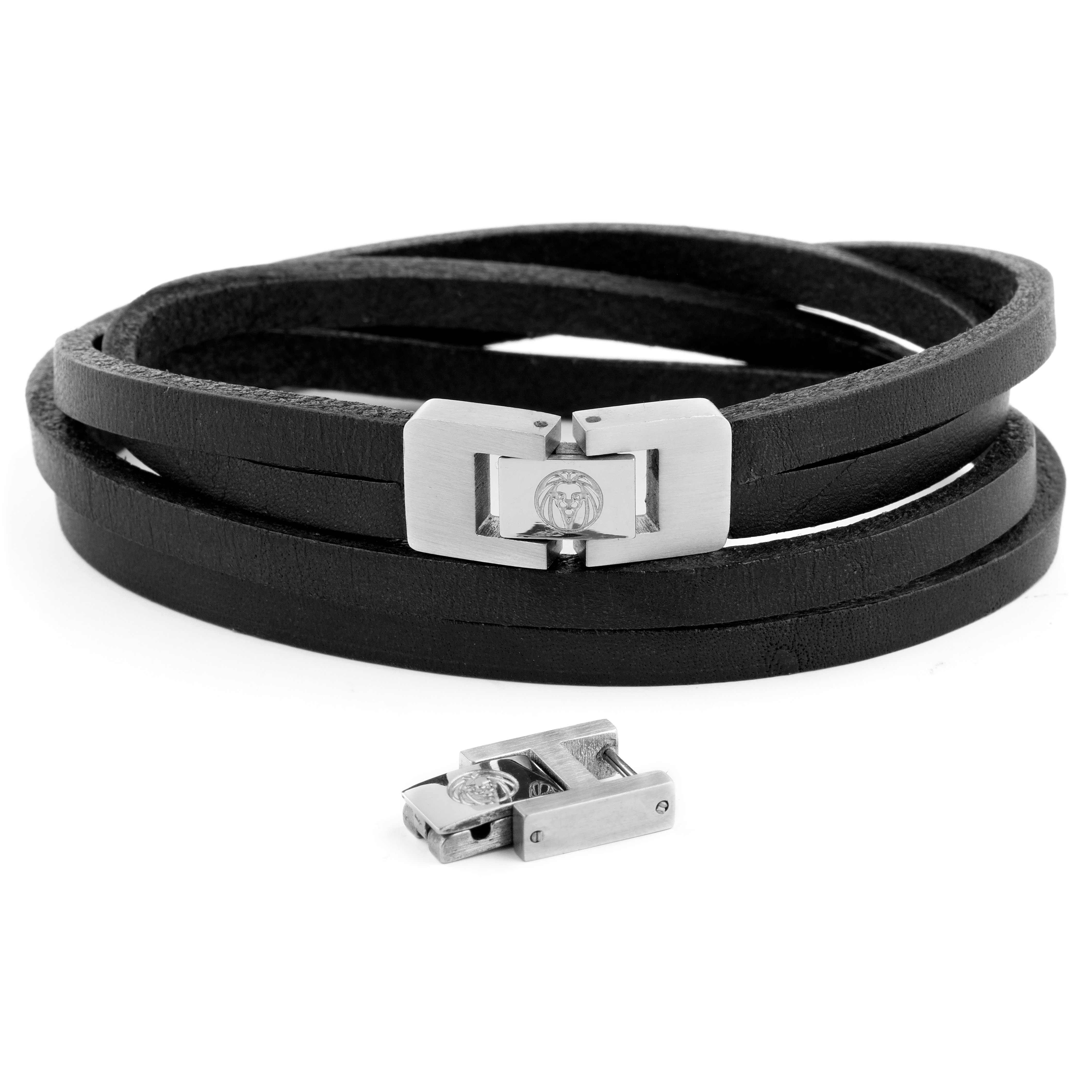 Black Leather & Stainless Steel Double Wrap Bracelet | In