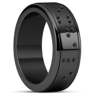 Enthumema | 8 mm Black Stainless Steel Braille ‘Exhale’ Fidget Ring