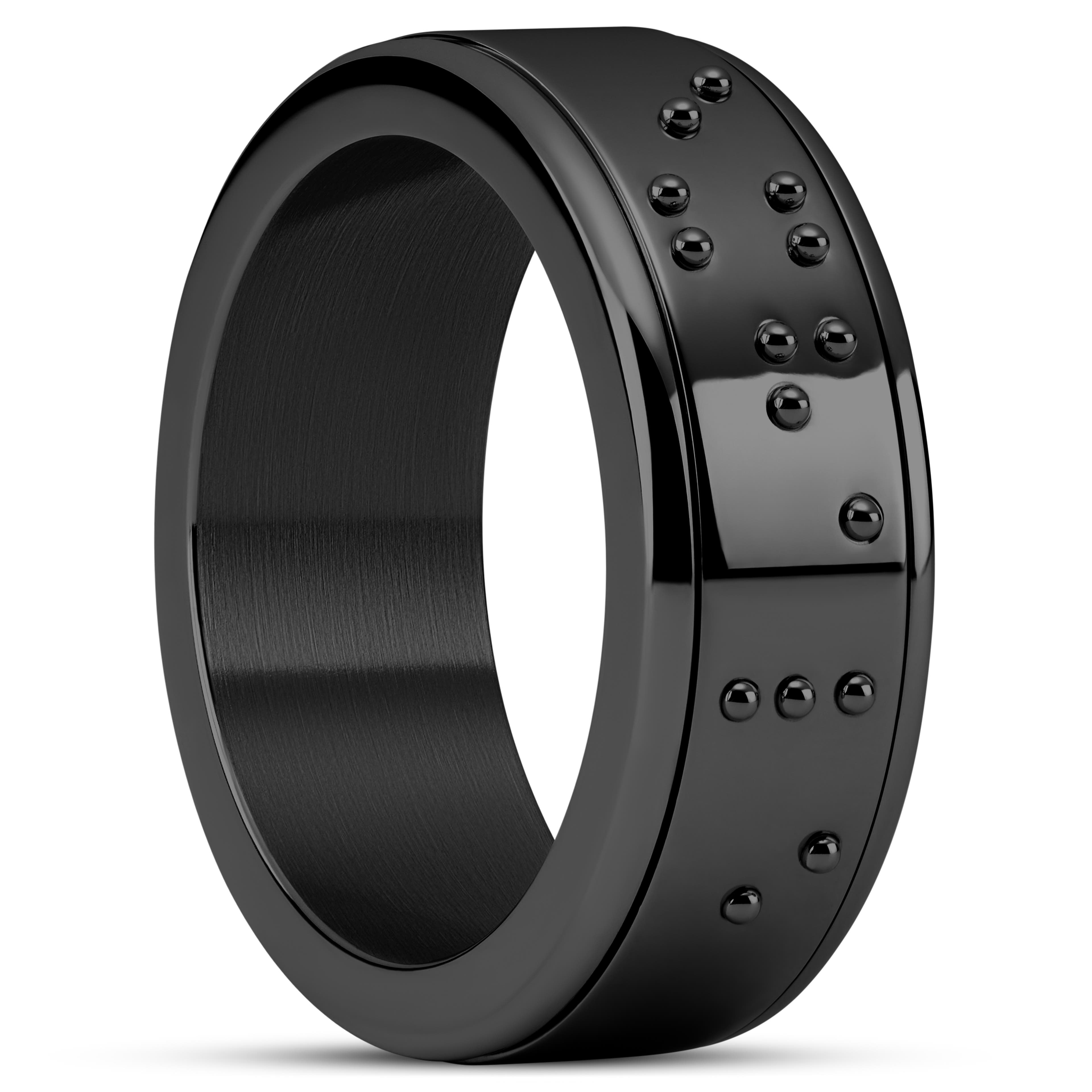 Enthumema | Черен стоманен пръстен с подвижна част и брайлова азбука 8 мм