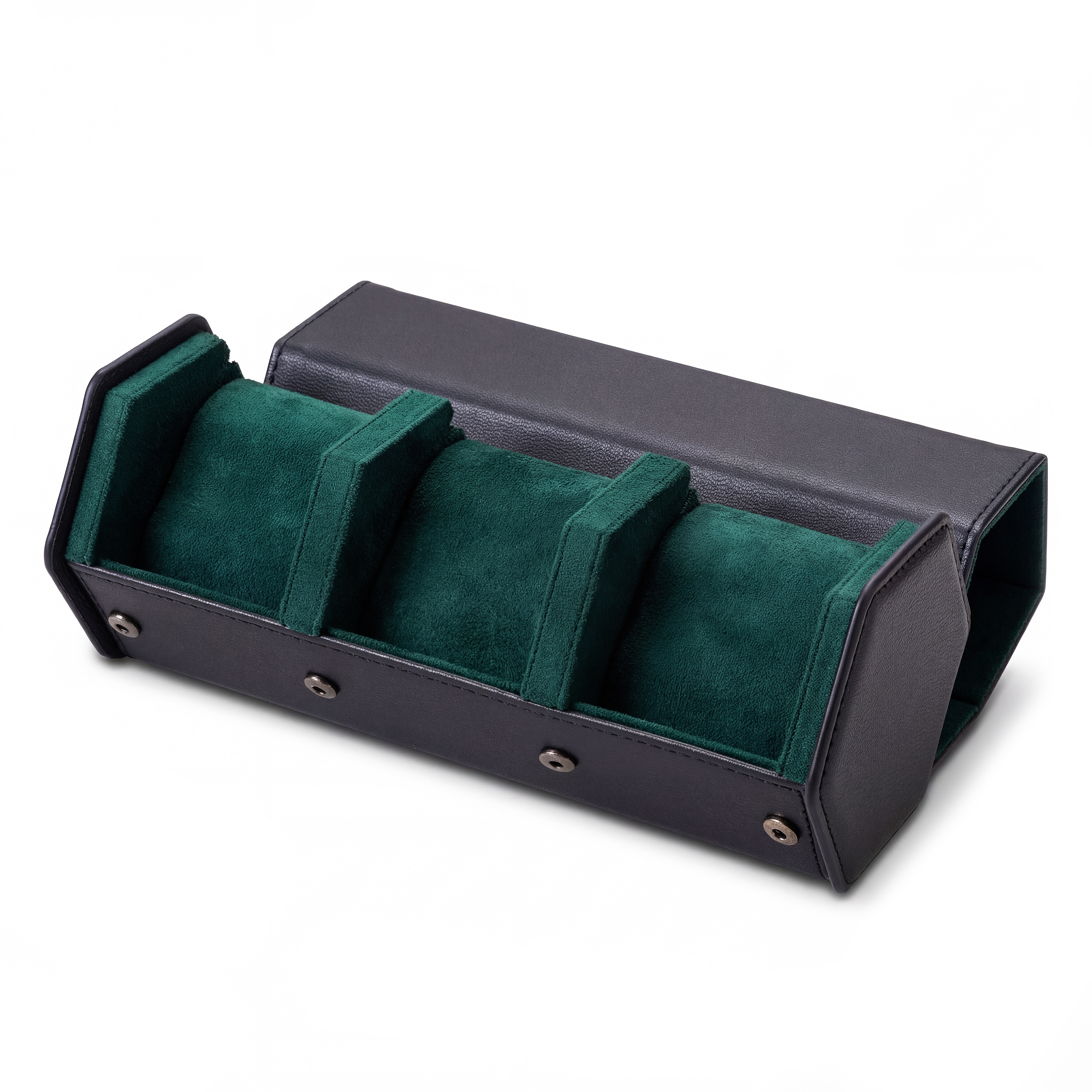 Hexa | Black & Green Faux Leather Hexagonal Watch Roll Case - 3 Watches - 3