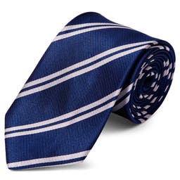 Cravate en soie bleu marine à fines rayures argentées - 8 cm