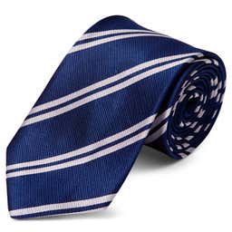 White Twin Stripe Navy Silk 8cm Tie