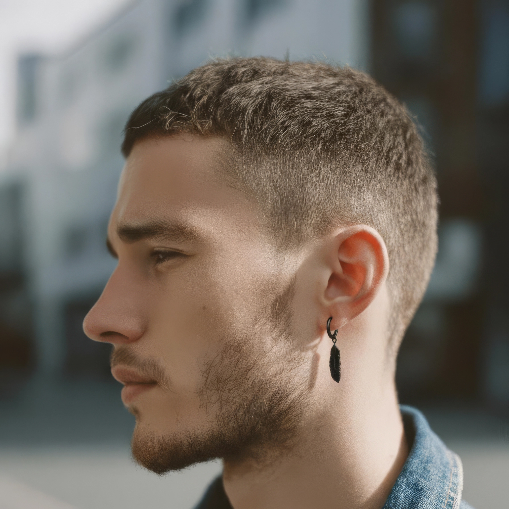 Black Titanium Drop Hoop Earring With Feather Charm - 2