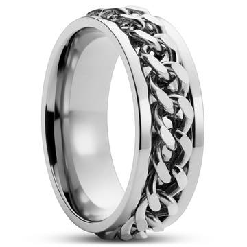 Sentio | Srebrzysty pierścionek z łańcuszkiem krawężnikowym ze stali nierdzewnej