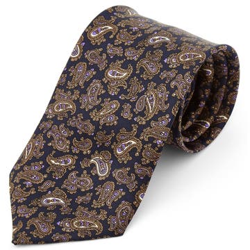 Cravată lată din mătase cu imprimei Paisley maro și violet