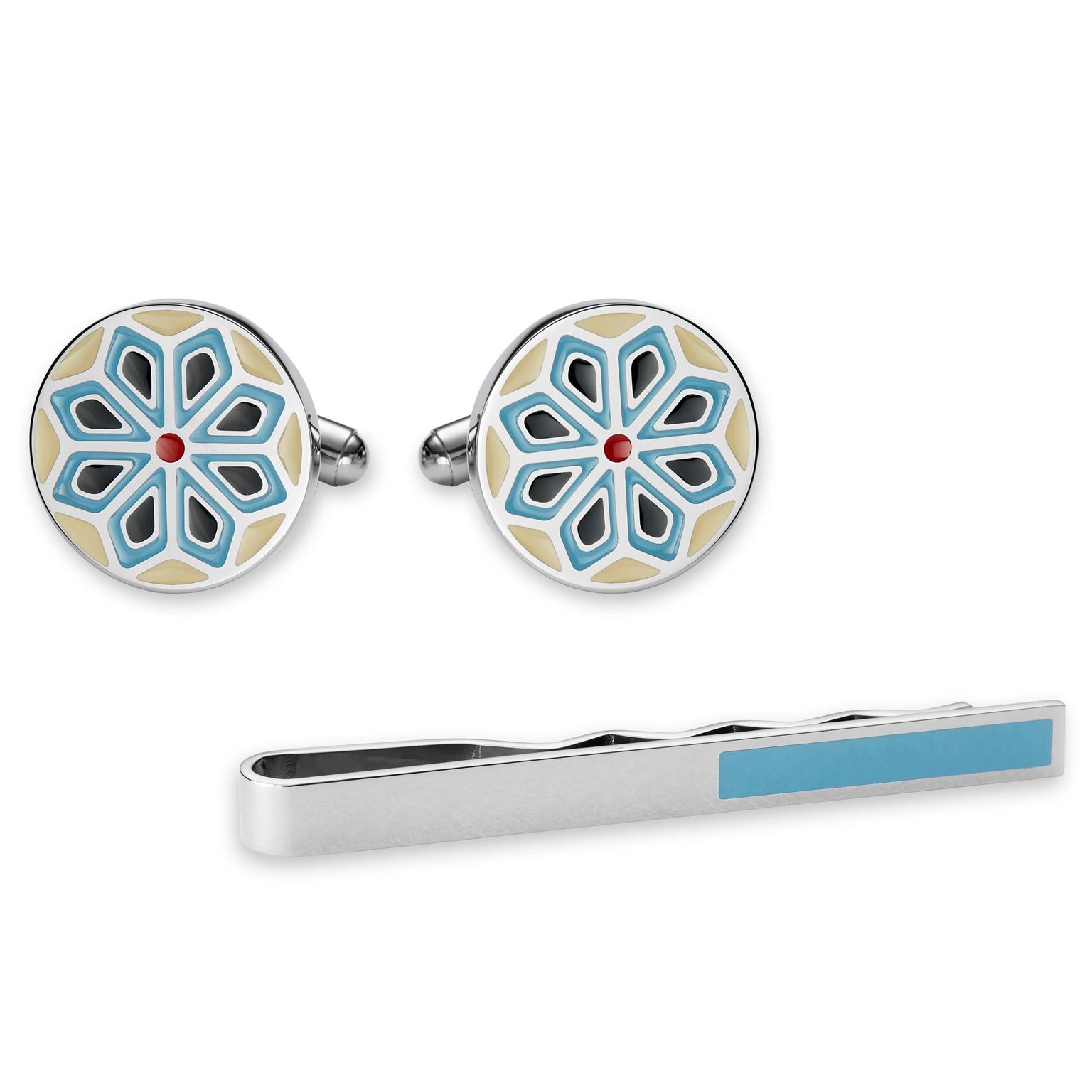 Set de pinces à cravate et de boutons de manchette couleur bleu et argent à motif géométrique Set de pinces à cravate et de boutons de manchette couleur bleu et argent à motif géométrique