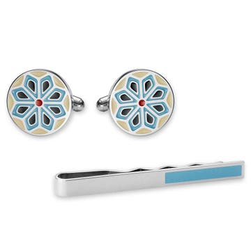 Silver-Tone and Blue Geometric Tie Bar and Cufflinks Set