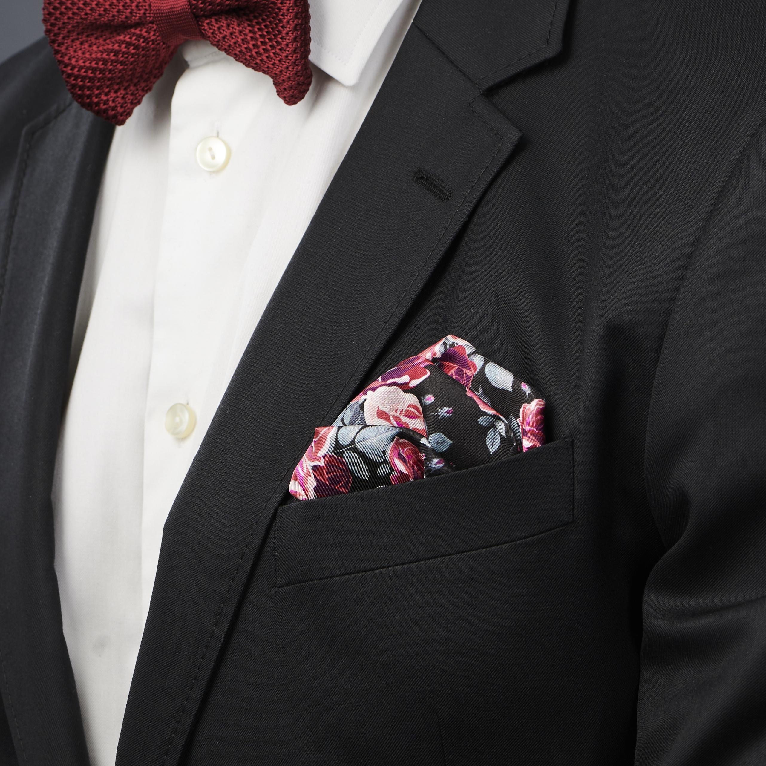 Boho | Black & Pink Roses Pattern Silk Pocket Square - 5