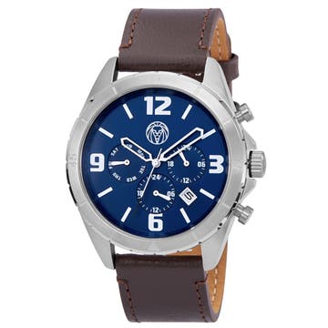 Alton | Silver-Tone Chronograph Watch With Blue Dial & Chocolate Brown Leather Strap