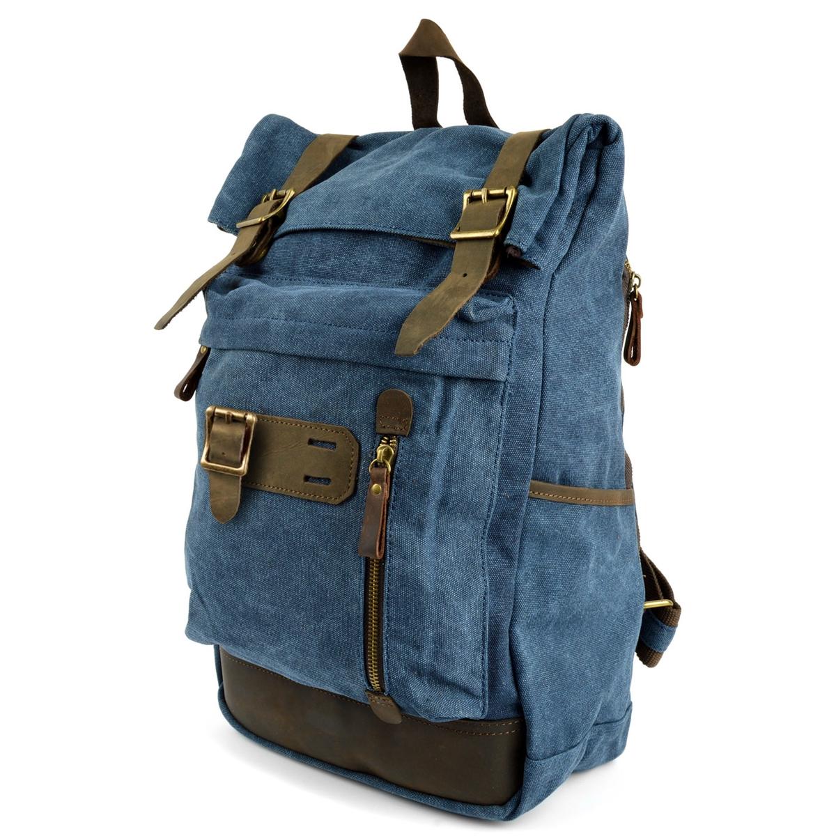 blue and brown leather backpack Derby Tier grain leather and a cotton twill innershell Light Blue Canvas & Brown
