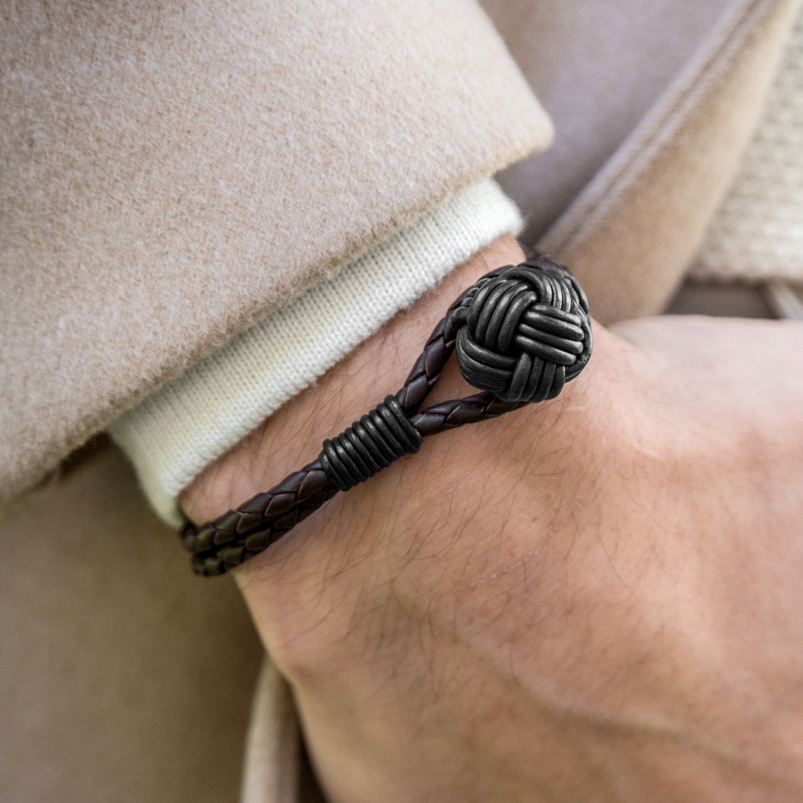 Brunt Klump Flettet Lærarmbånd - 3