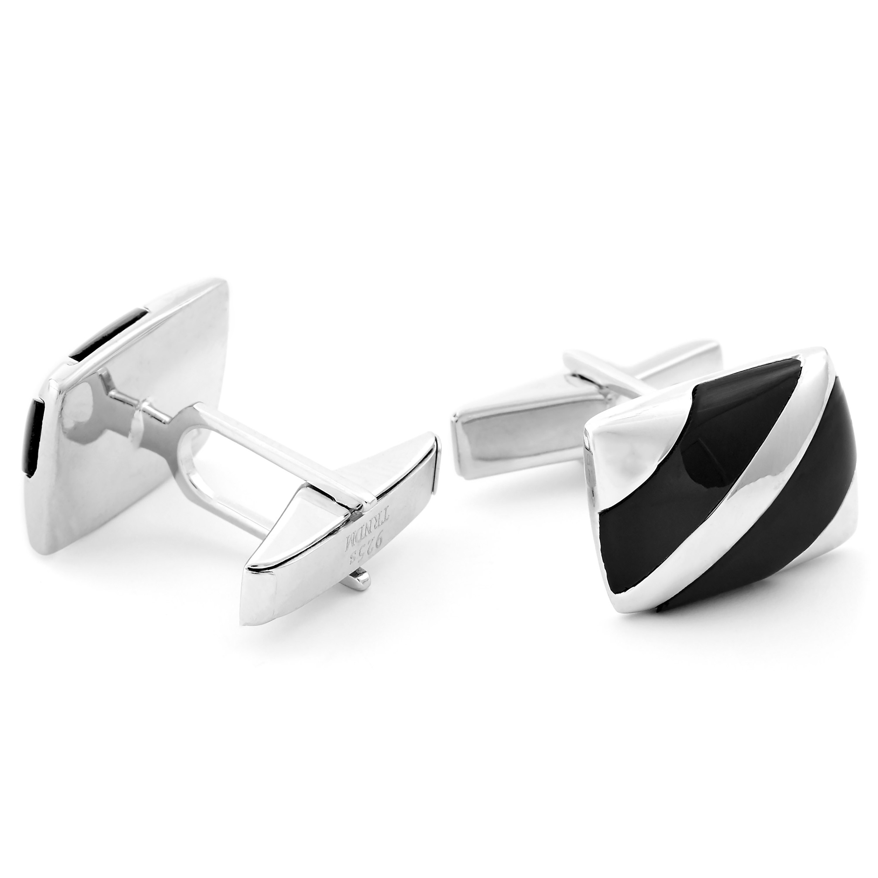 Diagonally Striped 925s Silver Cufflinks and Tie Clip Set - 4
