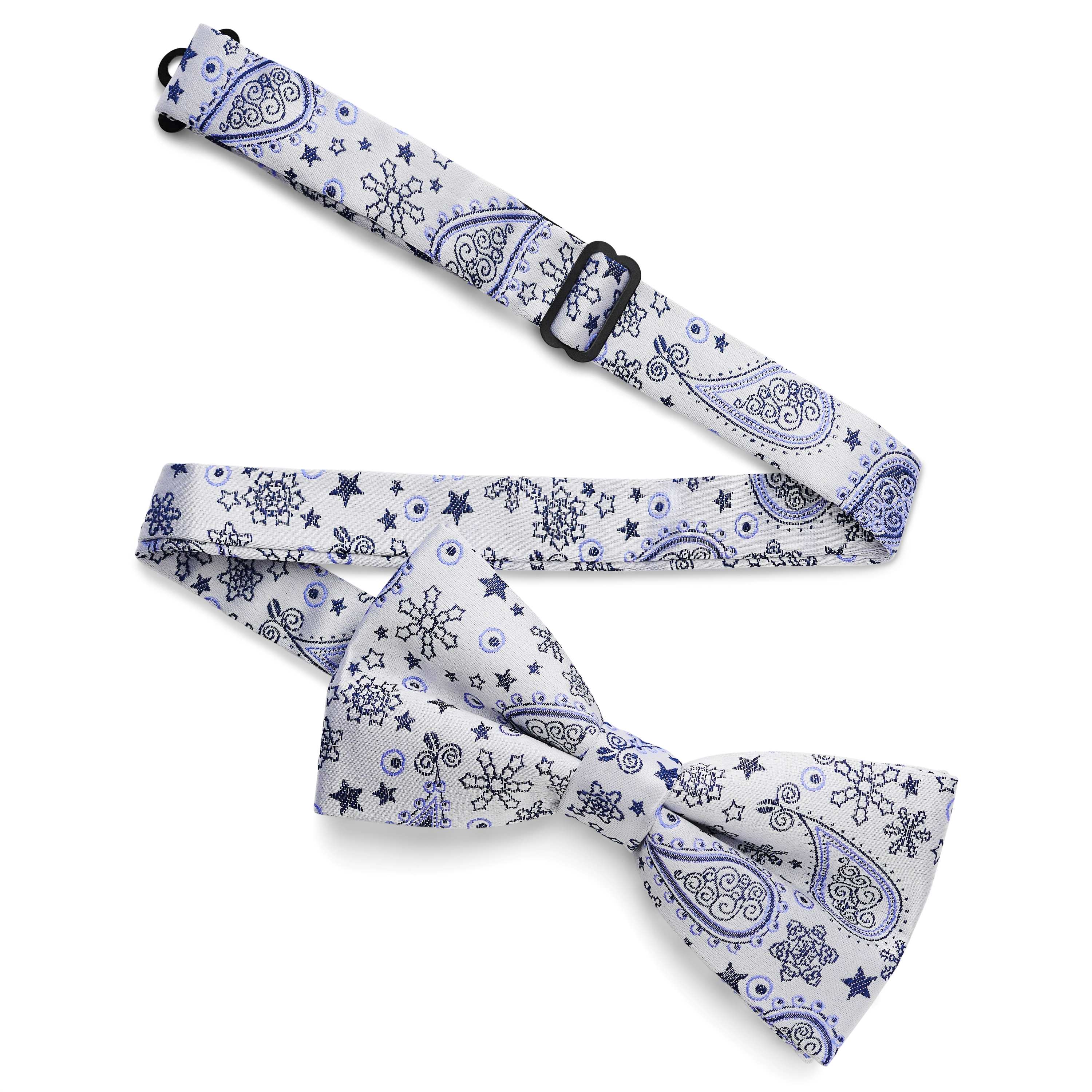 Balta ir mėlyna peislio rašto šilkinis iš anksto surištas peteliškės kaklaraištis - 5