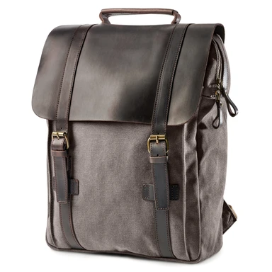 Vintage-Rucksack aus Kohle grauem Canvas und dunklem Leder Vintage-Rucksack aus Kohle grauem Canvas und dunklem Leder