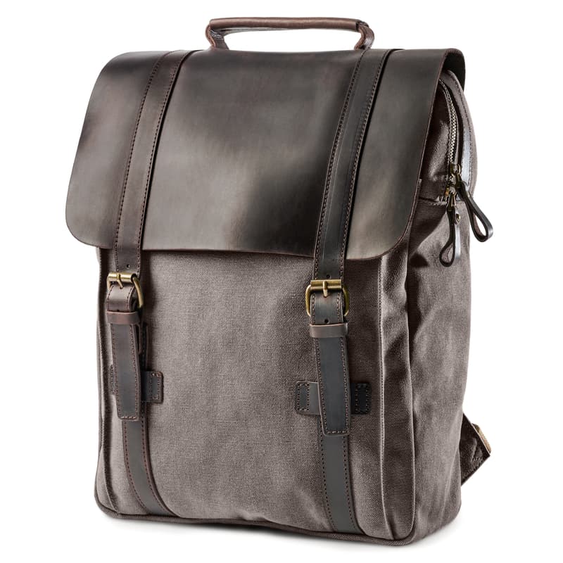dark grey faux leather backpack Mateo interior zipped pockets Grey Canvas & Black Leather