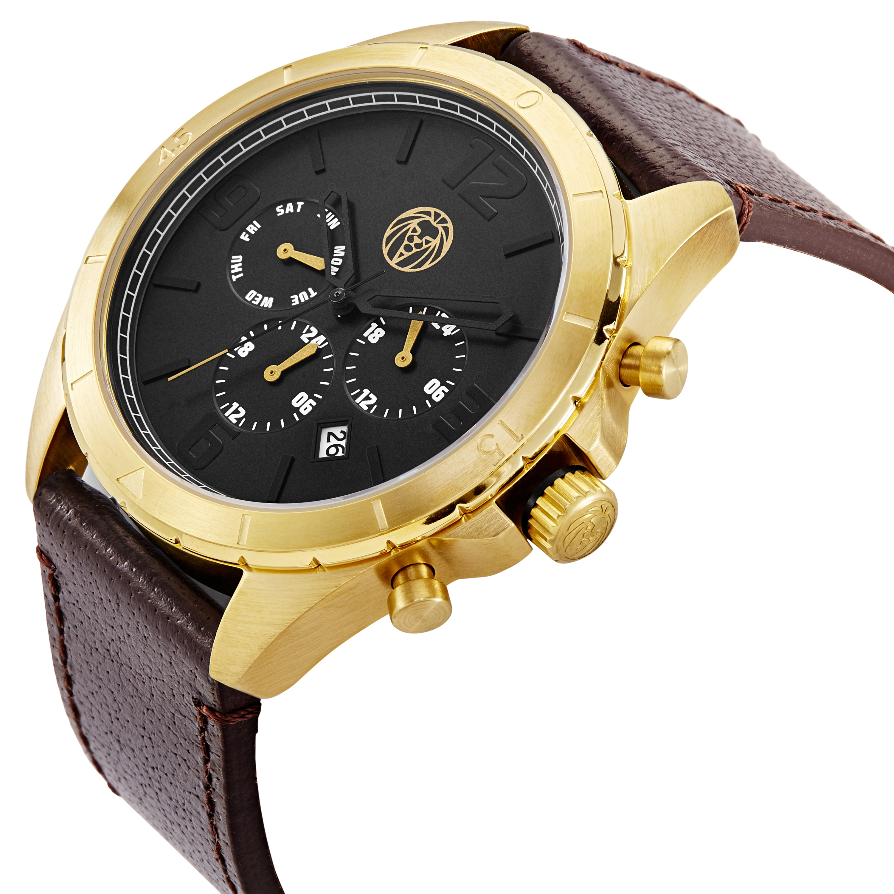 Alton | Gold-Tone Chronograph Watch With Black Dial & Chocolate Brown Leather Strap - 2