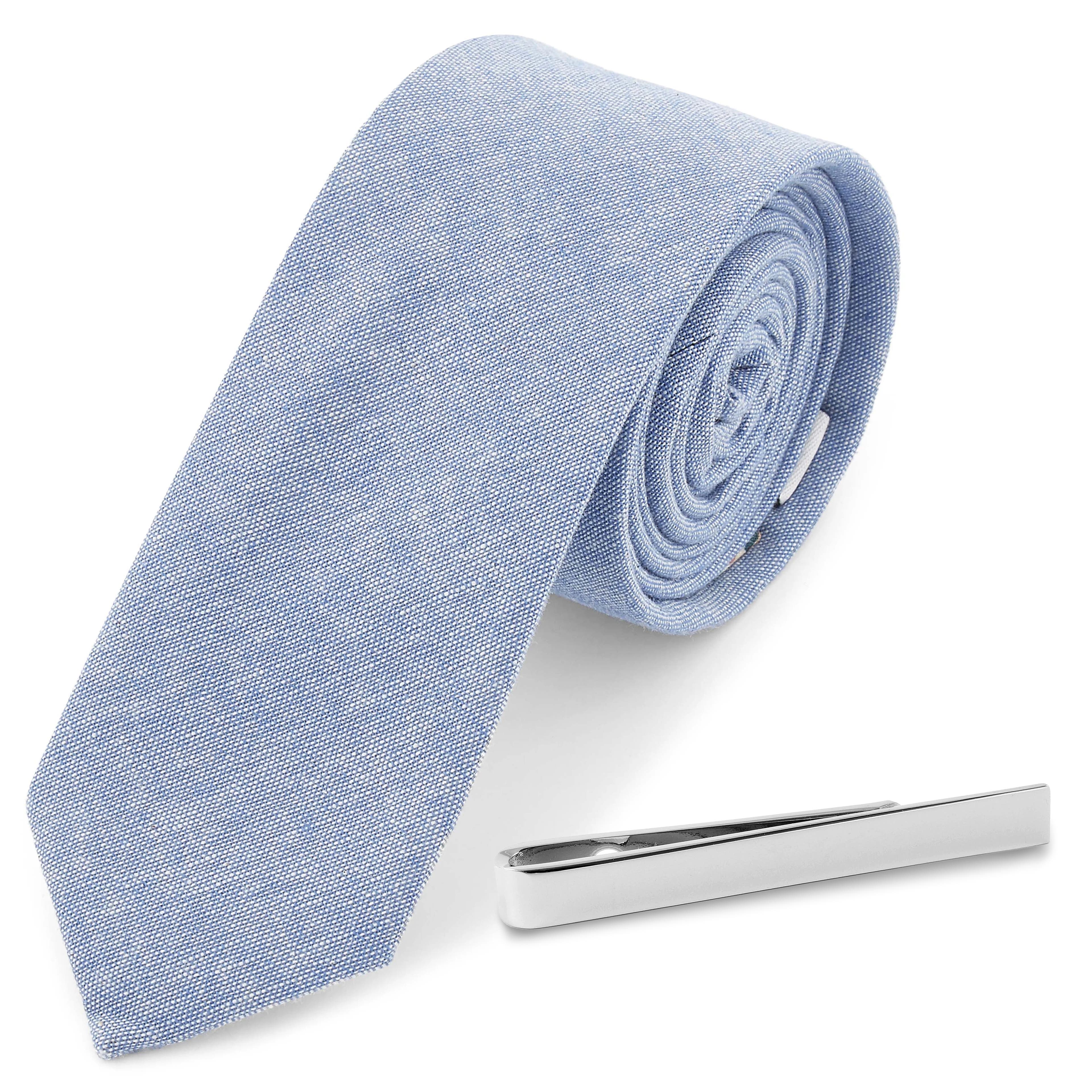 Light Blue Necktie and Silver-Tone Tie Bar Set