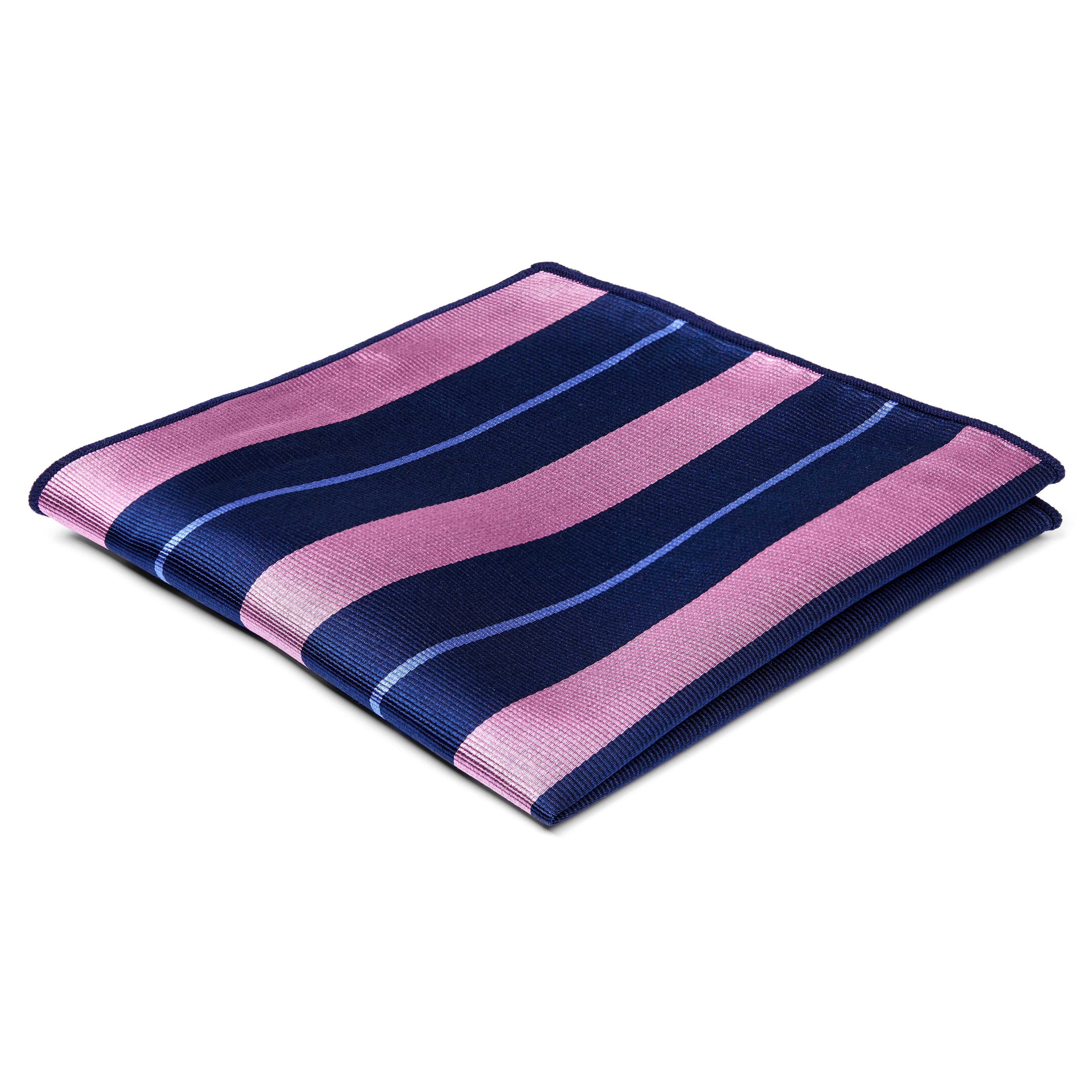 Batistă de buzunar din mătase bleumarin cu dungi albastru pastel și roz