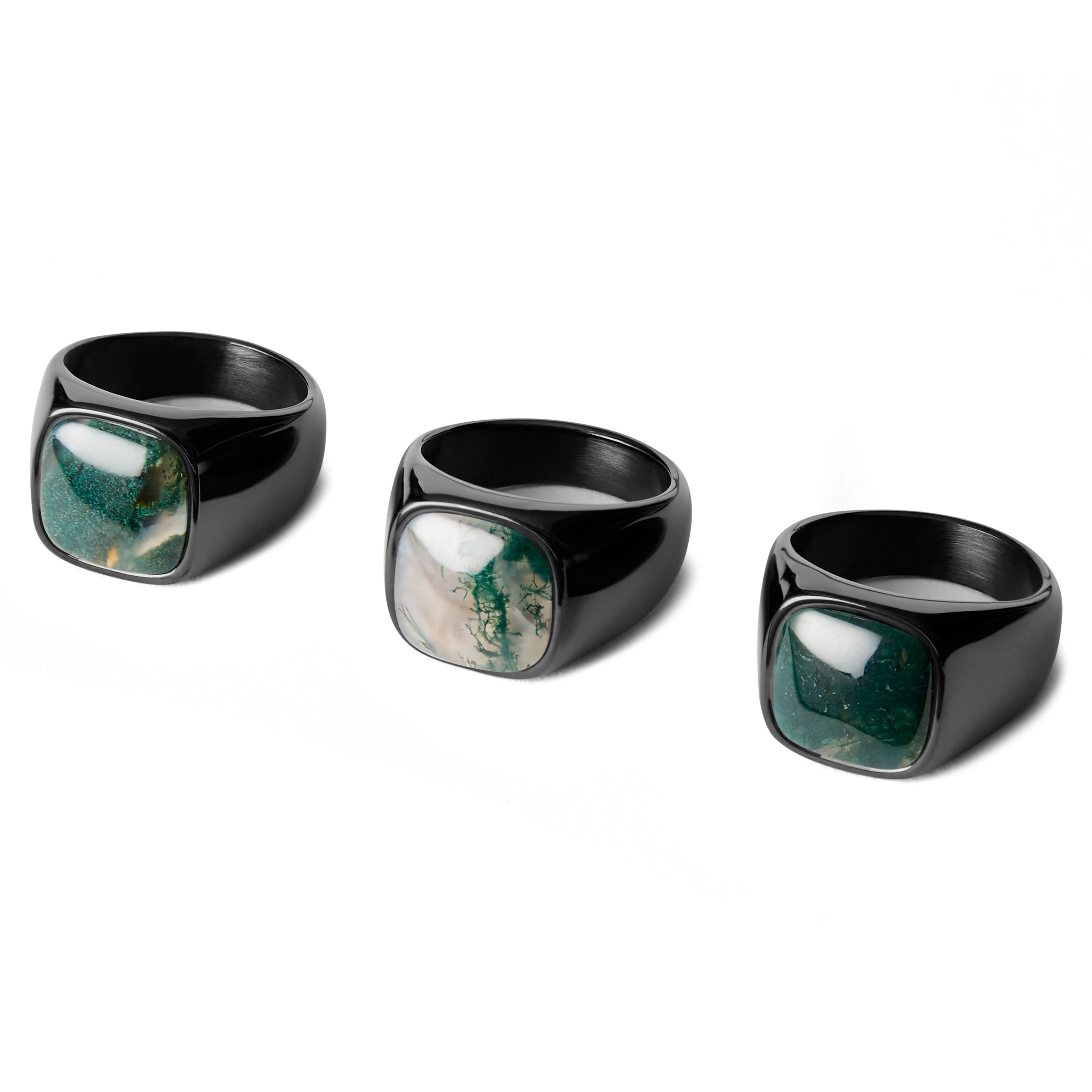 Aras | Black Stainless Steel Moss Agate Pinky Signet Ring - 5