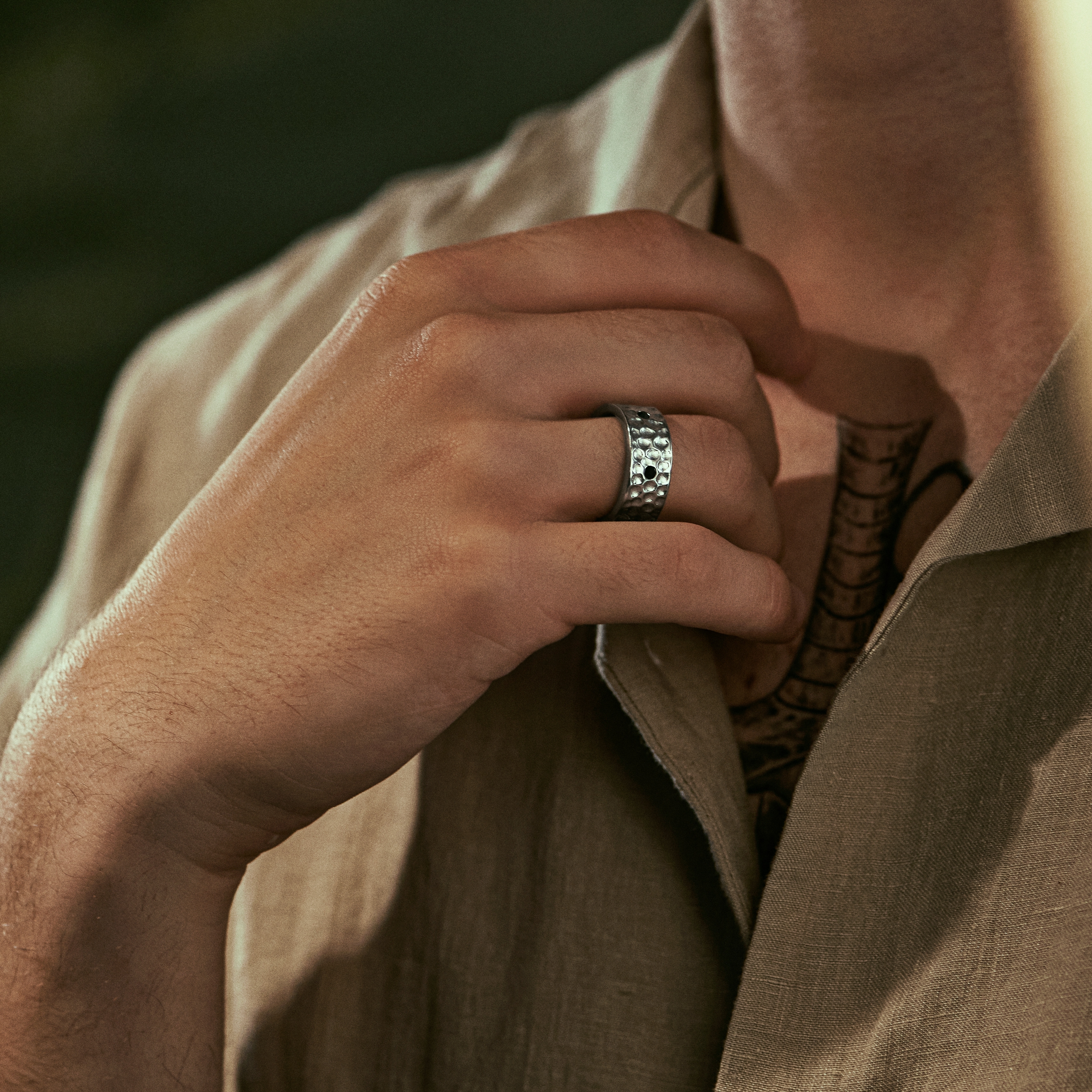 Orphic | 1/3” (9 mm) Black Zirconia Hammered Silver-Tone Stainless Steel Ring - 2