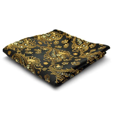 Pochette de costume en soie noire à motifs cachemire dorés