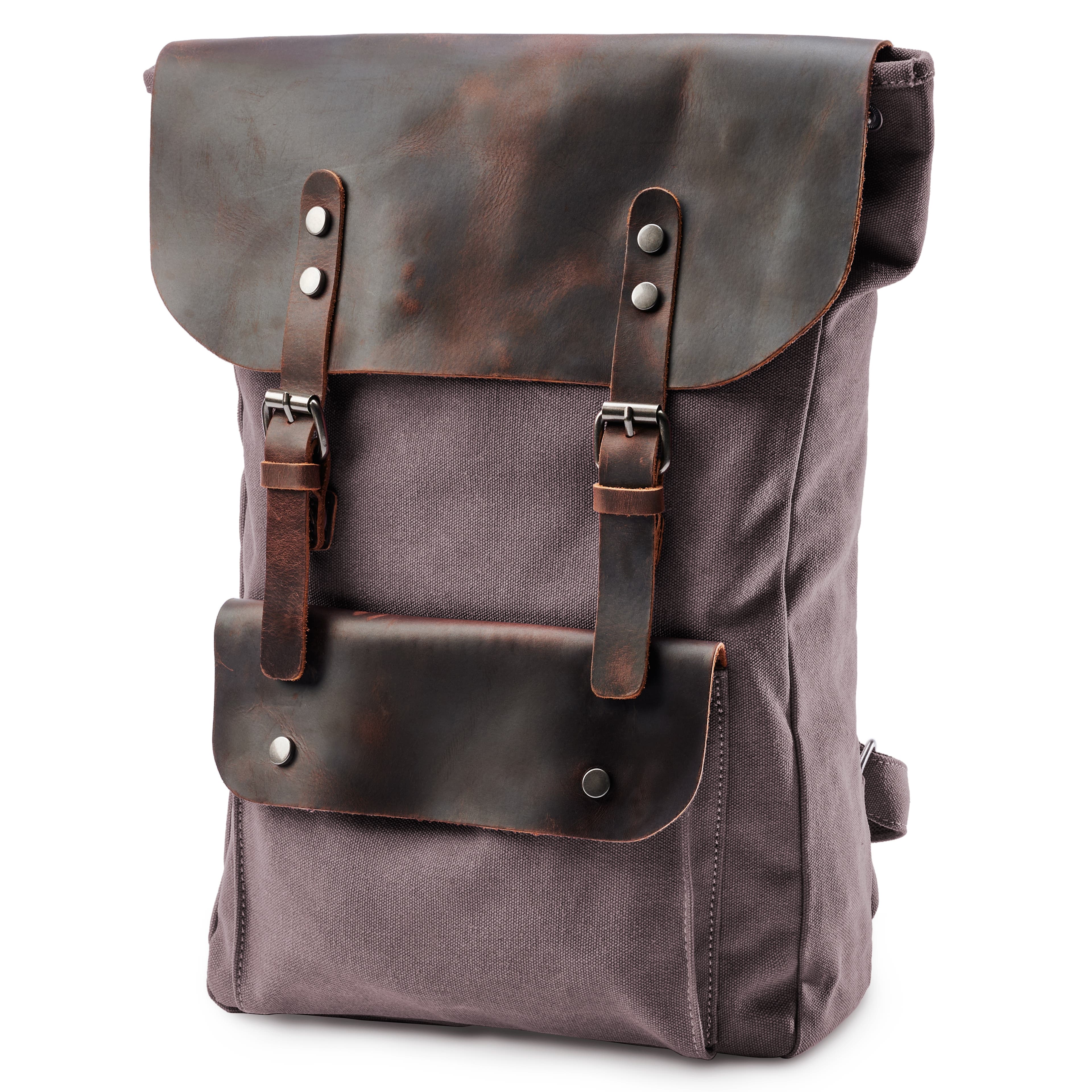 Vintage-Style Graphite Leather & Canvas Backpack