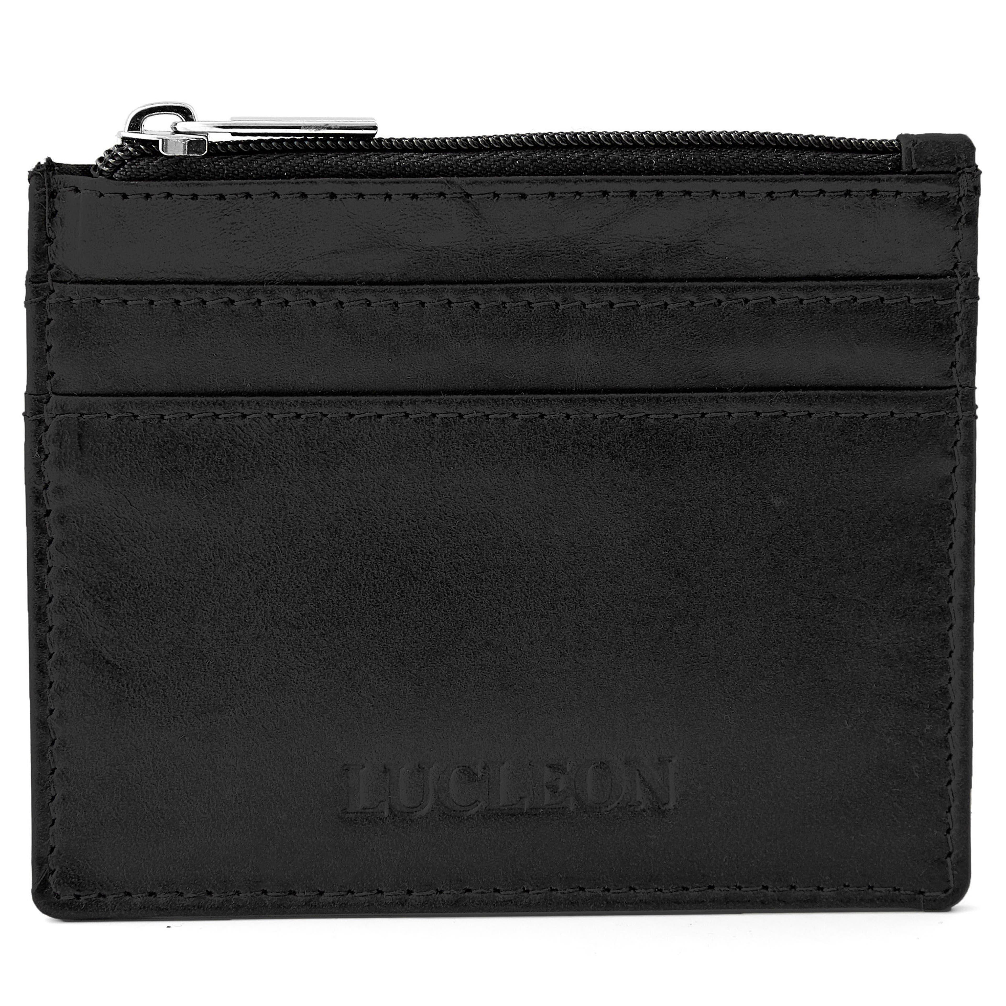 Black Leather Multi Zip Card Holder With RFID Blocker