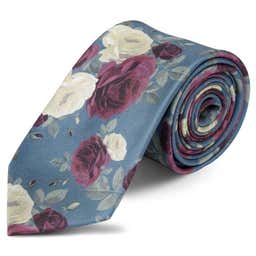Boho | Light Blue & Ruby Rose Pattern Silk Tie