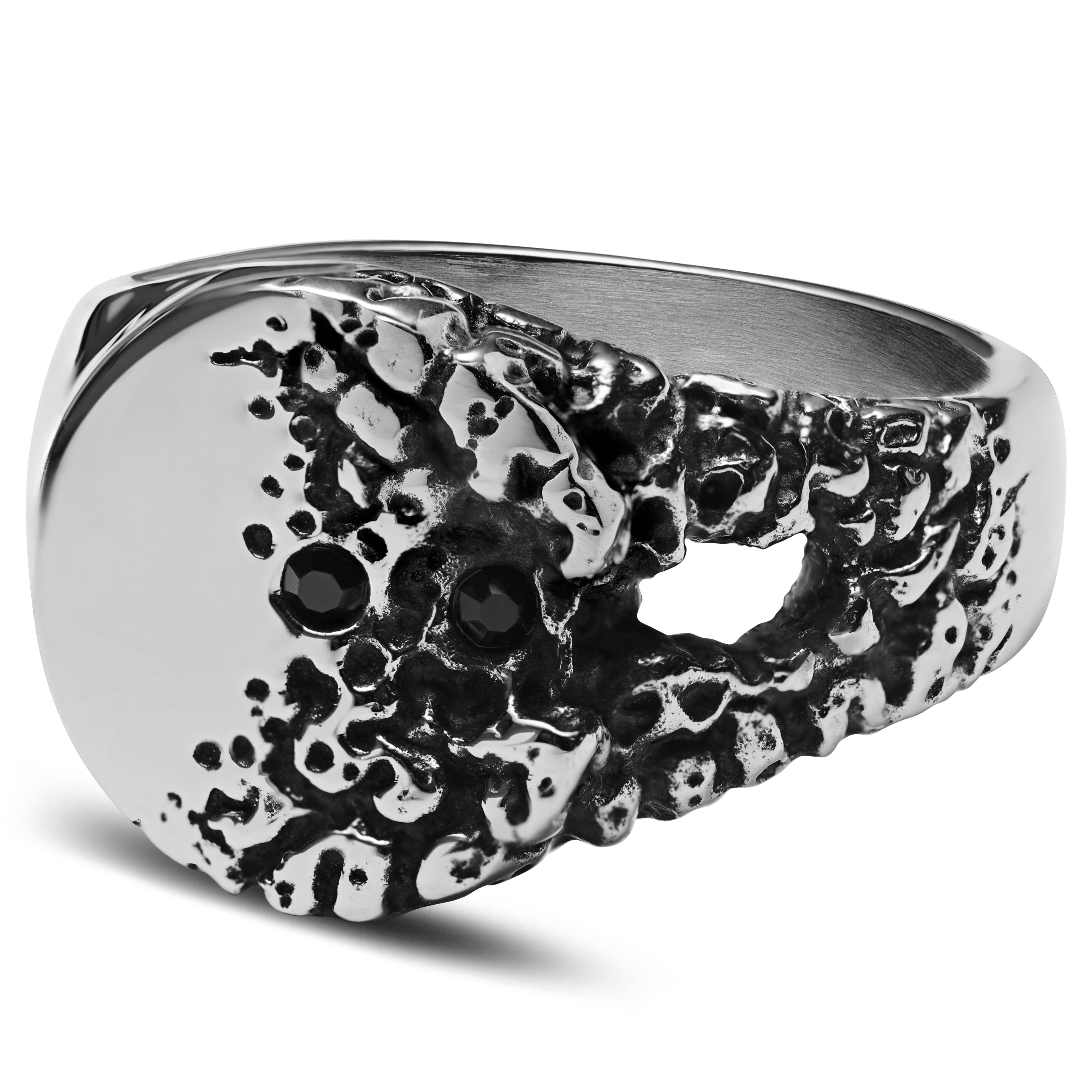 Orphic | Chevalière en acier inoxydable argenté avec zircone noire et motif volcanique