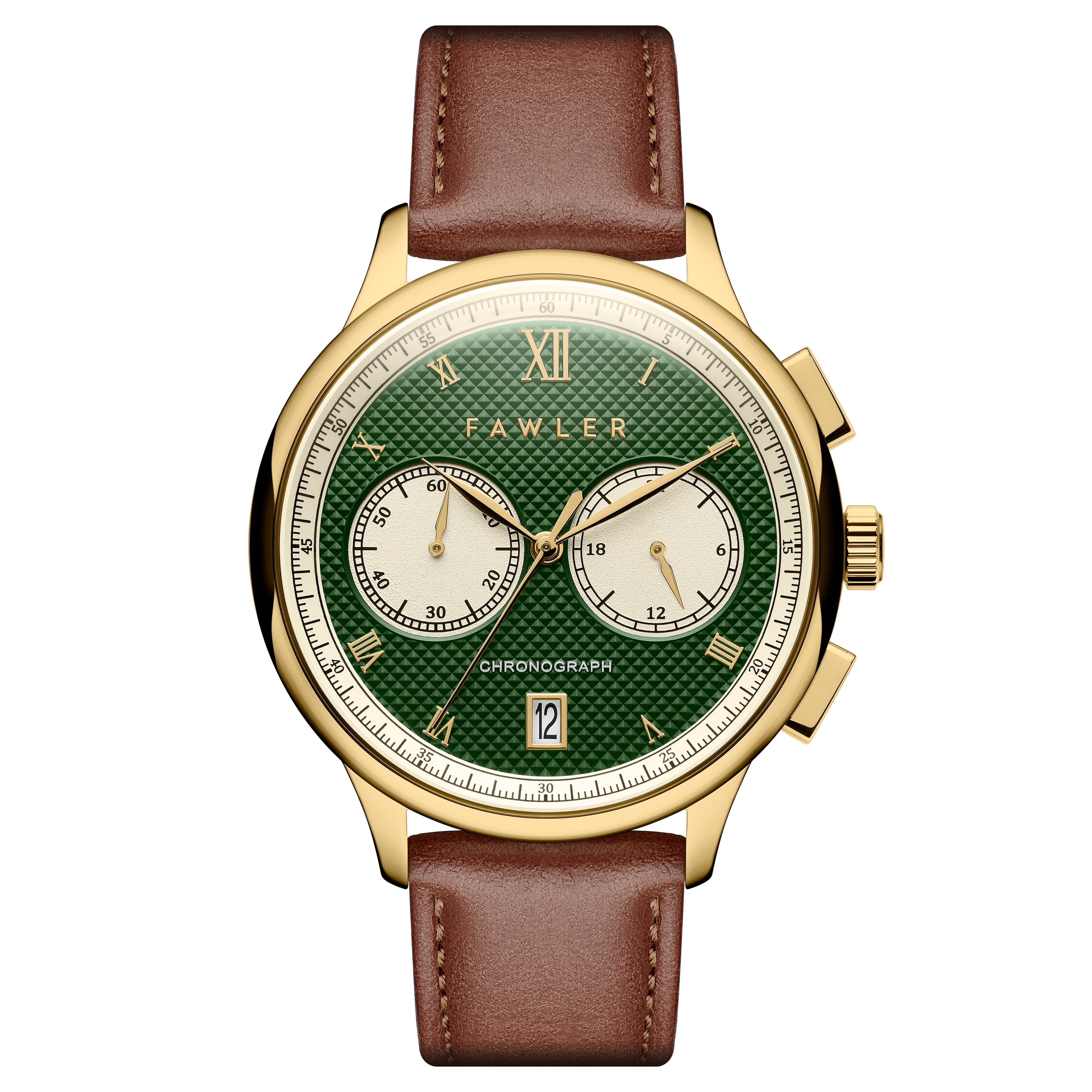 Cicero  | Gold-Tone With Green Dial Vintage Chronograph Brown Leather Watch