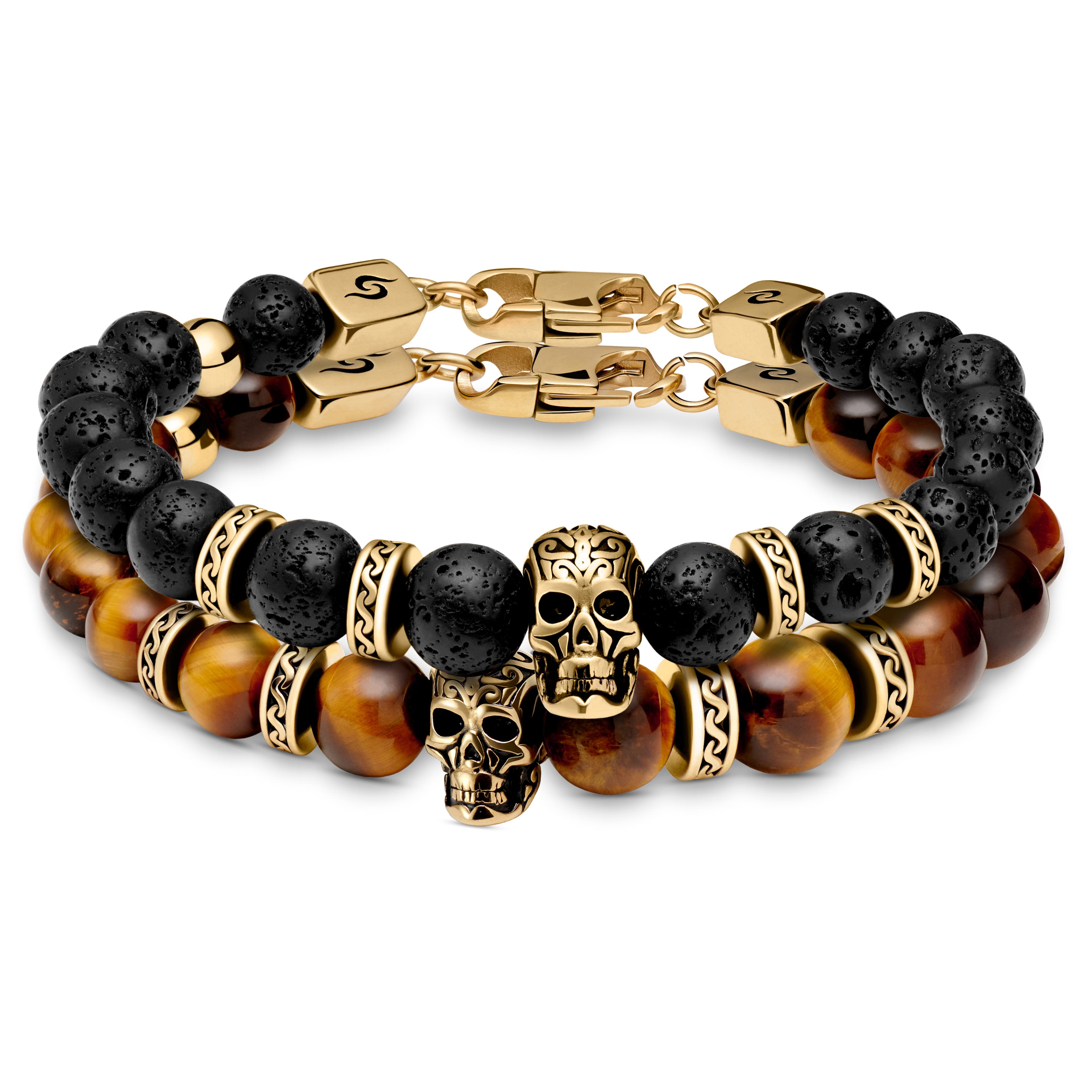 Rico | Gold-Tone Lava Rock & Tiger's Eye Skull Bracelet Set