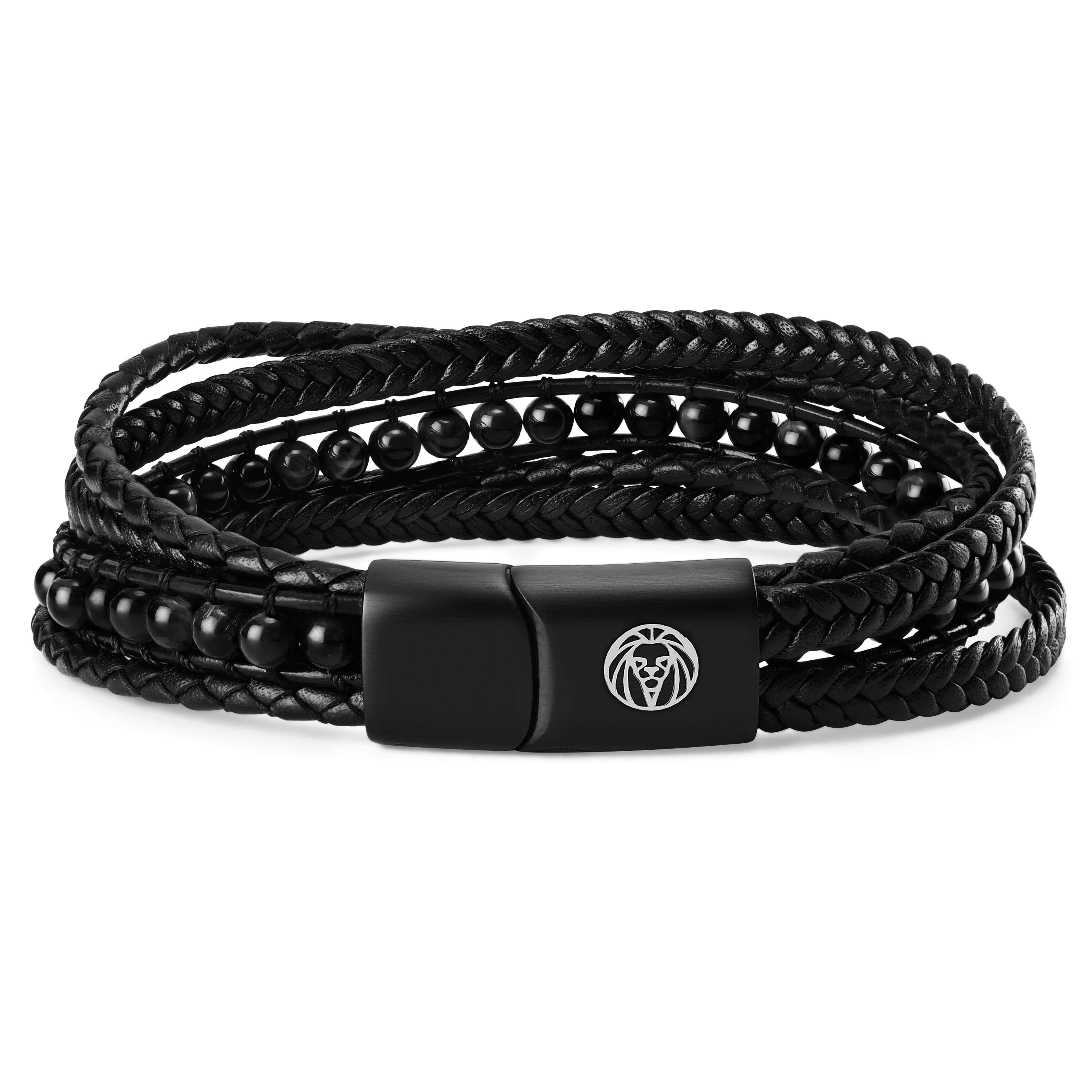 Naxos Black Agate Leather Bracelet