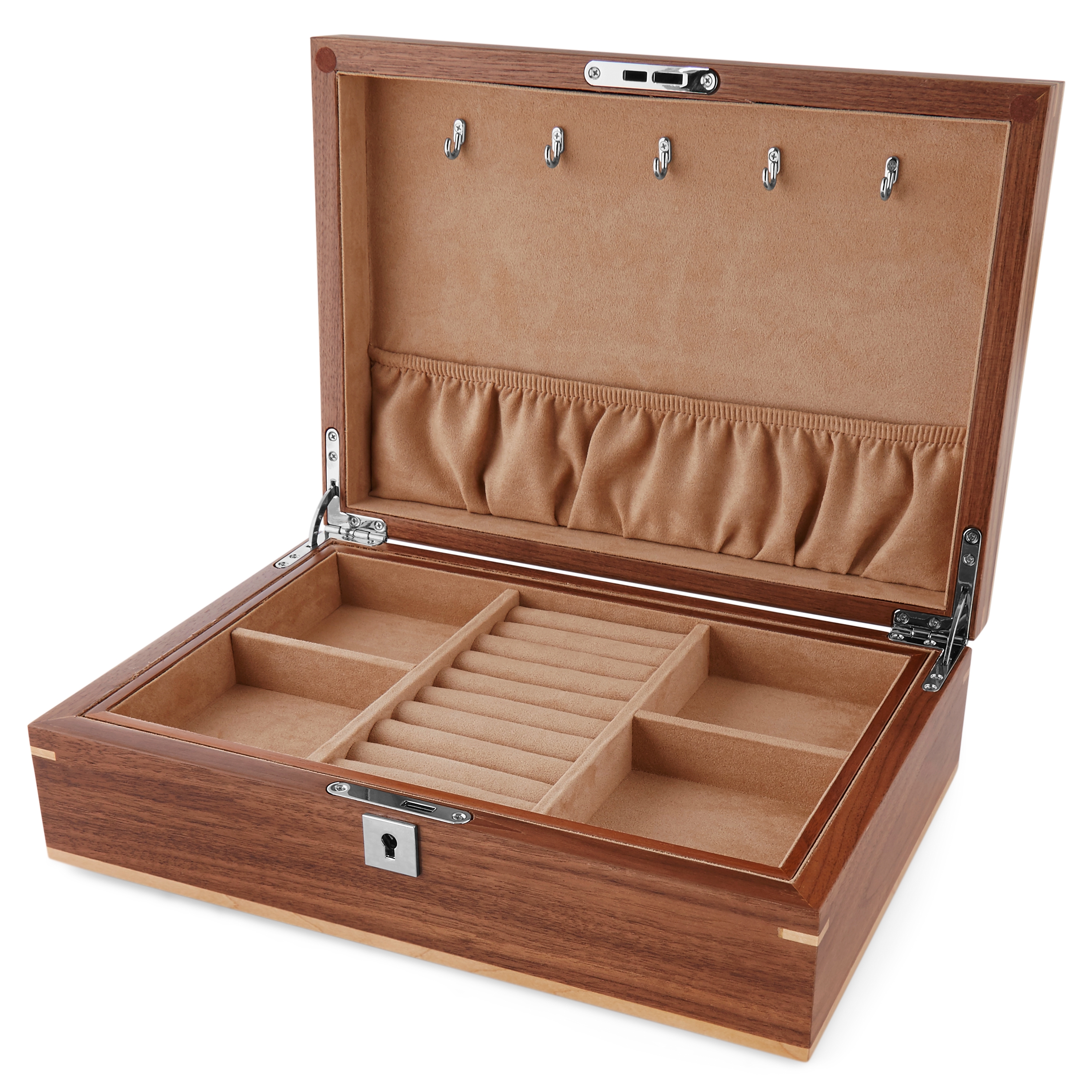 Lockable Silver-Tone Walnut Wood Jewellery Box - 2